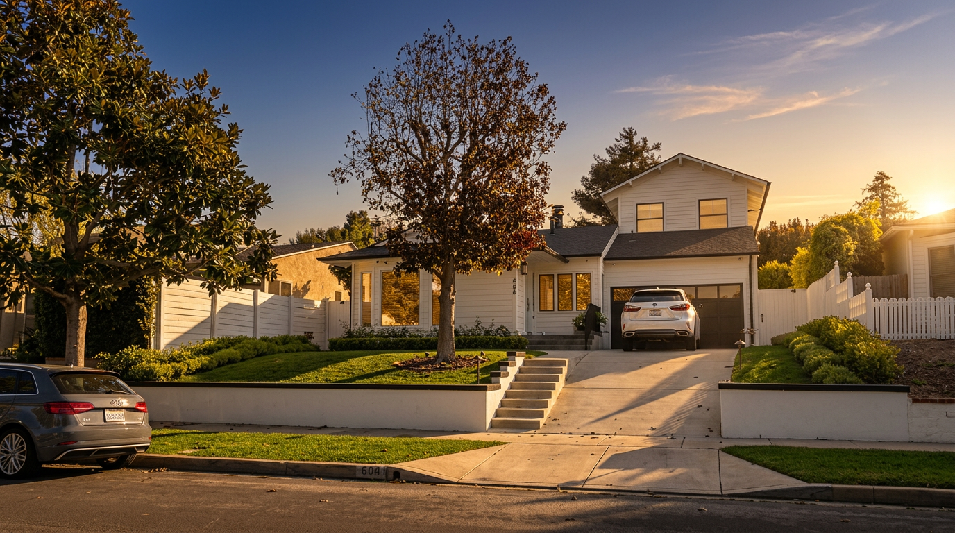 This charming, multi-level suburban home features crisp white siding with dark-trimmed windows and a two-car garage. A well-manicured lawn, a retaining wall, and a set of concrete steps lead to the front entrance, all beautifully lit by the warm glow of a golden hour sunset. A paved driveway hosts a vehicle, contributing to a pristine, well-maintained curb appeal.