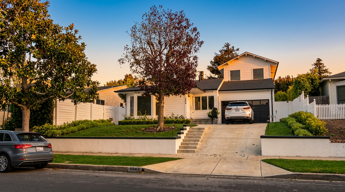 This charming, well-maintained two-story home features crisp white siding and a contrasting dark-trimmed garage and roof line. The property is characterized by a manicured front lawn, an elevated retaining wall, and a convenient concrete driveway with a white car parked inside the garage. Large, mature trees add visual depth to the curb appeal, creating a welcoming and established neighborhood feel.