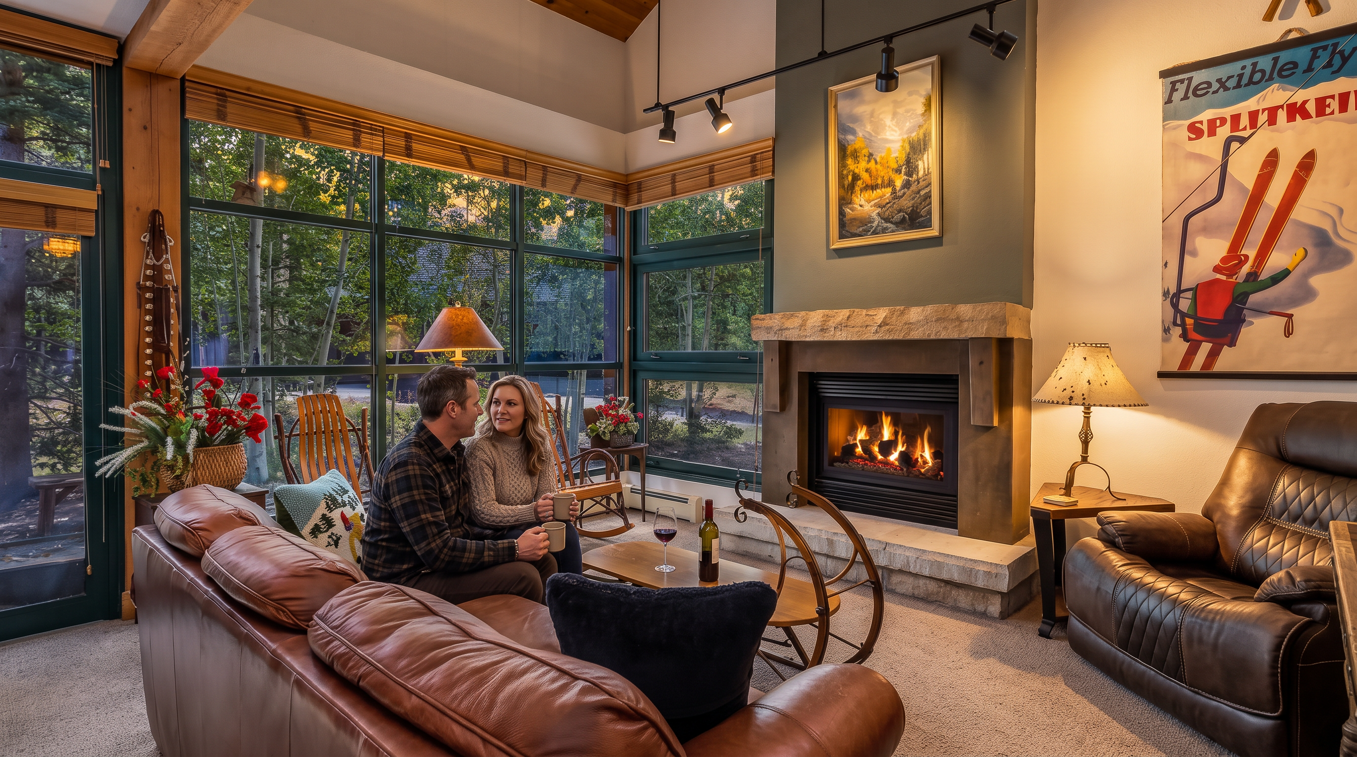 This cozy living room features a warm, rustic aesthetic with a vaulted wood-paneled ceiling and large windows that provide expansive views of the surrounding forest. A central stone-clad chimney breast houses a fireplace with a heavy timber mantel, serving as the room's focal point. The space is furnished with a comfortable leather sofa, a leather recliner, and two wooden rocking chairs, creating an inviting atmosphere perfect for relaxation.