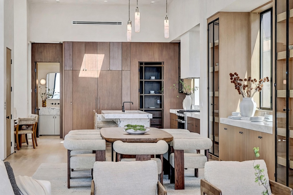 This sophisticated open-concept kitchen and dining area features a central wooden dining table surrounded by upholstered chairs, positioned in front of a sleek kitchen island with a stone countertop. The space is defined by warm wood cabinetry, integrated shelving, and minimalist pendant lighting that creates a cohesive, modern aesthetic. A view into an adjacent bathroom with a vanity and mirror is visible through a doorway on the left, emphasizing the home's airy and interconnected layout.