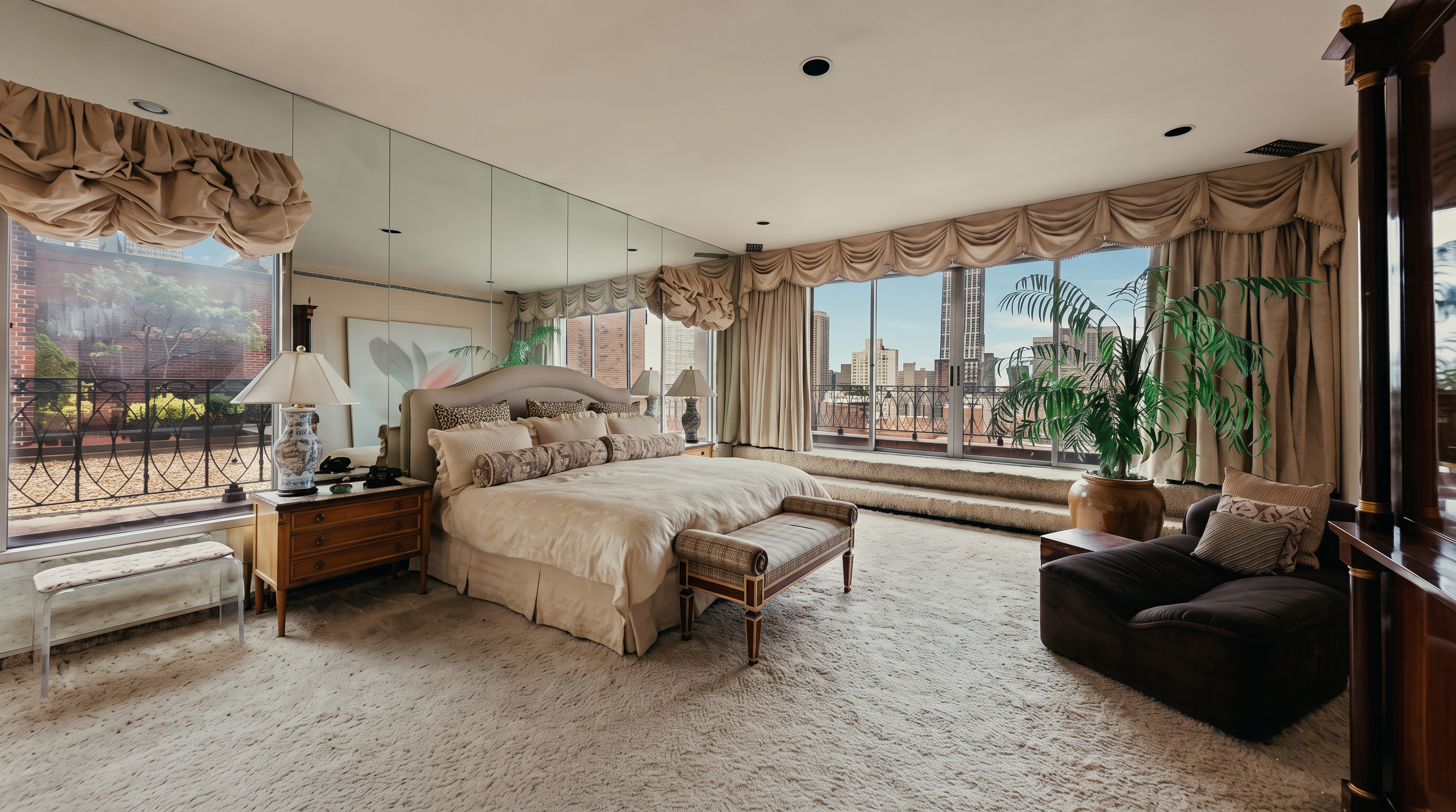 This spacious primary bedroom features a large bed centered against a mirrored wall, creating an expansive feel. The room is bathed in natural light from large windows that offer an elevated city view, complemented by soft, neutral-toned carpeting and elegant valance curtains. A comfortable armchair sits near the window, providing a cozy seating area within this bright and airy suite.