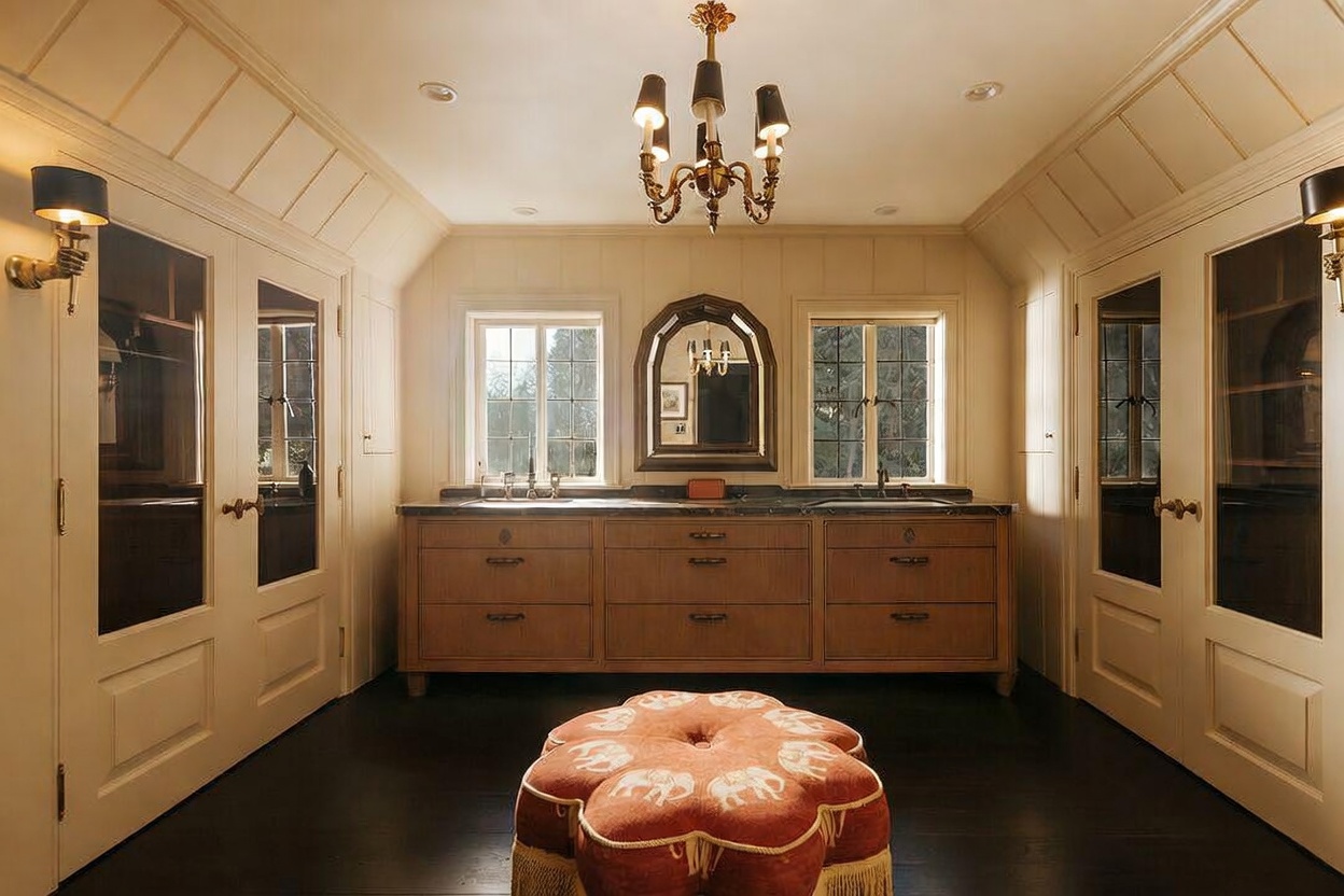 This elegant primary bathroom features a symmetrical layout with a central wooden vanity flanked by two large windows and built-in cabinetry with glass-paneled doors. A sophisticated chandelier hangs above a plush, elephant-patterned ottoman, while wall sconces provide additional warm lighting. The dark hardwood floors contrast beautifully with the light-toned walls, creating a refined and luxurious atmosphere.
