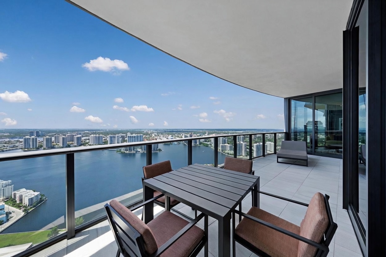This expansive balcony offers a panoramic view of the surrounding cityscape and waterfront, featuring a sleek glass railing that maximizes the sightlines. The space is furnished with a modern dark-toned dining set and a separate lounge chair, creating an ideal setting for outdoor relaxation. The clean, minimalist design of the balcony complements the bright, open atmosphere provided by the clear blue sky.