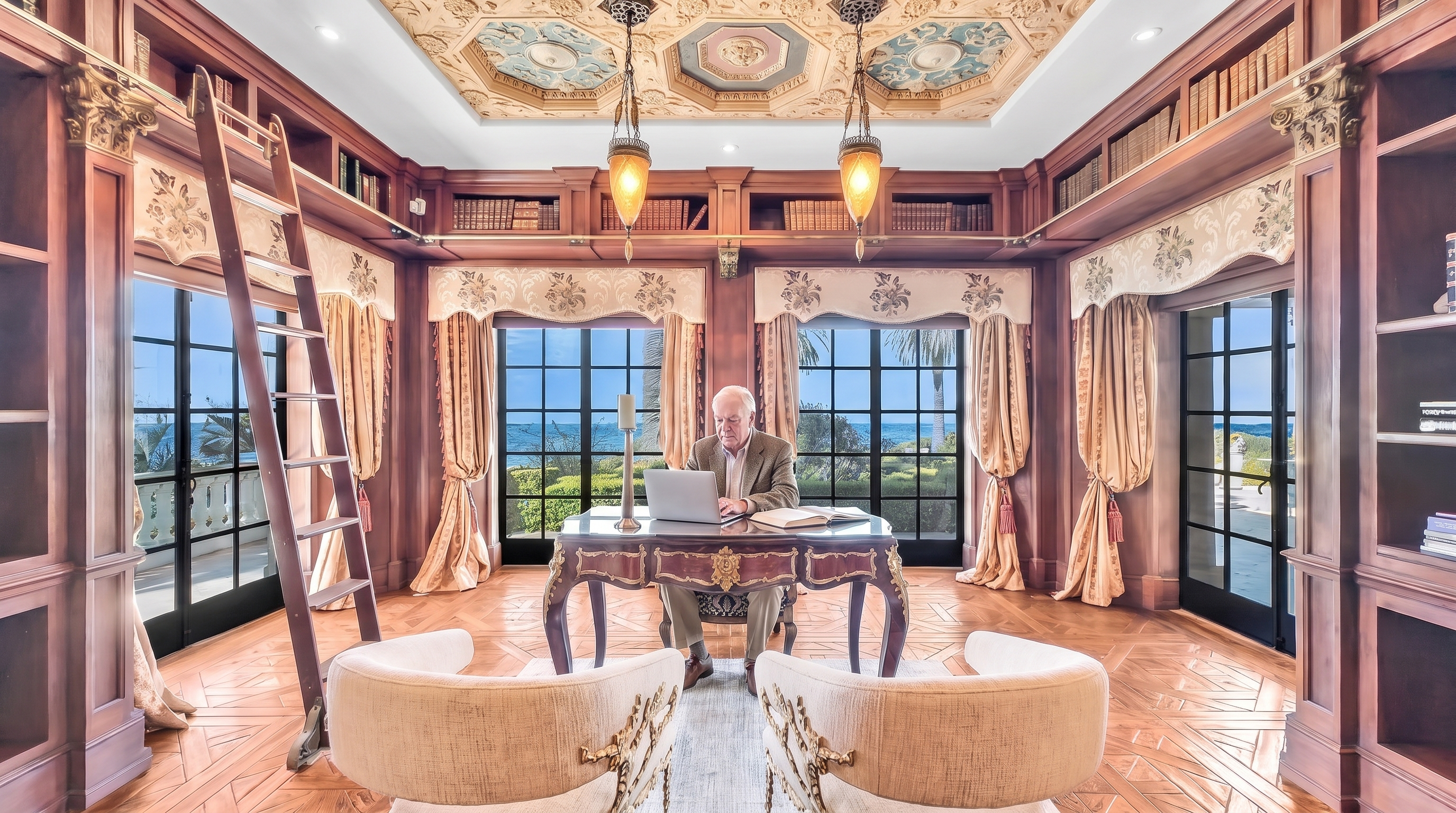 This opulent home office features rich wood-paneled walls with built-in bookshelves and a rolling library ladder. The room is anchored by a central desk and two elegant armchairs, all set beneath a highly detailed, ornate coffered ceiling. Large glass doors provide expansive views of the ocean, creating a sophisticated and serene workspace.