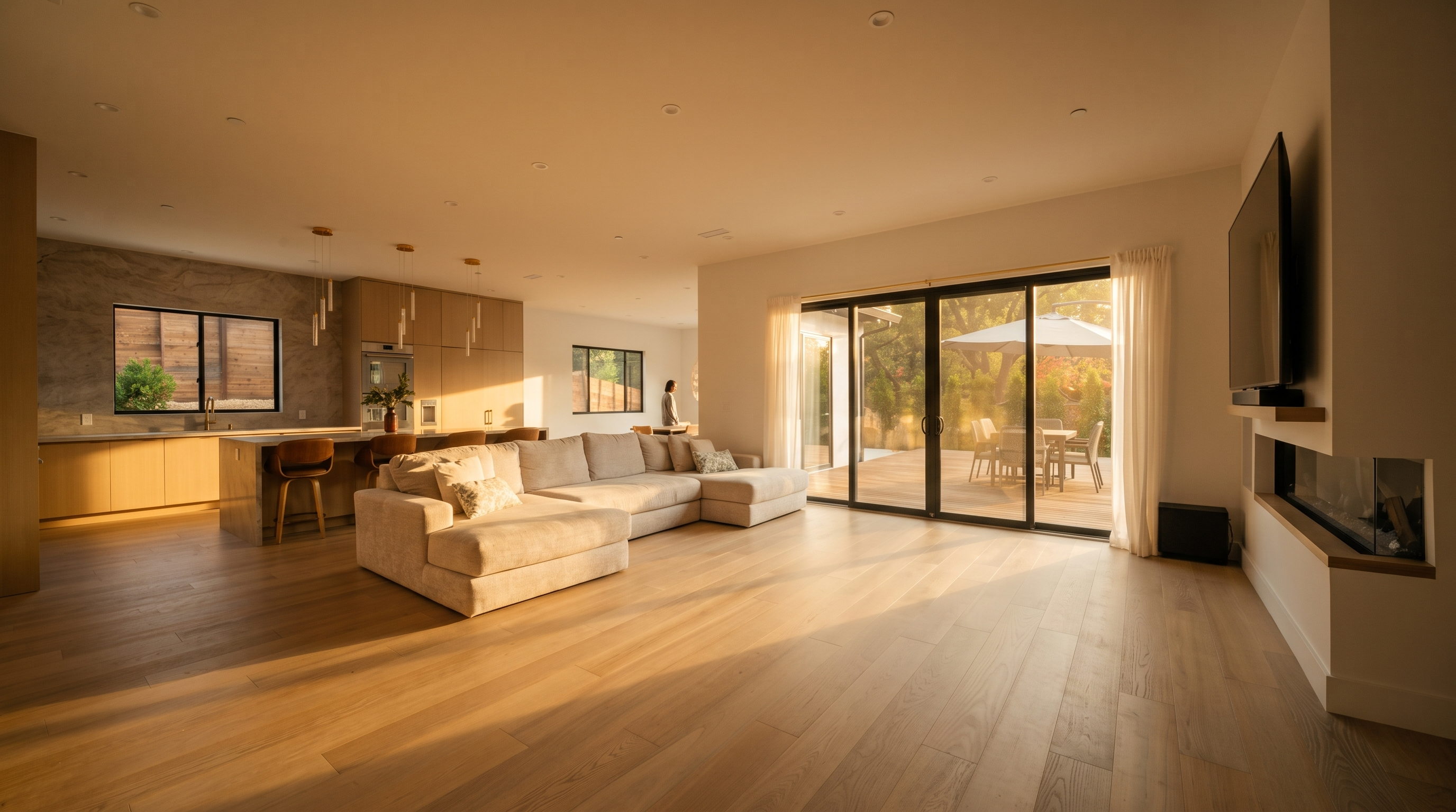 This open-concept living area features light wood flooring and a neutral-toned sectional sofa, creating a bright and airy atmosphere. The space flows seamlessly into a modern kitchen with light wood cabinetry and a stone-topped island, while a glass-enclosed fireplace adds a sophisticated focal point. Large sliding glass doors provide a clear view of the outdoor deck, enhancing the indoor-outdoor living experience.