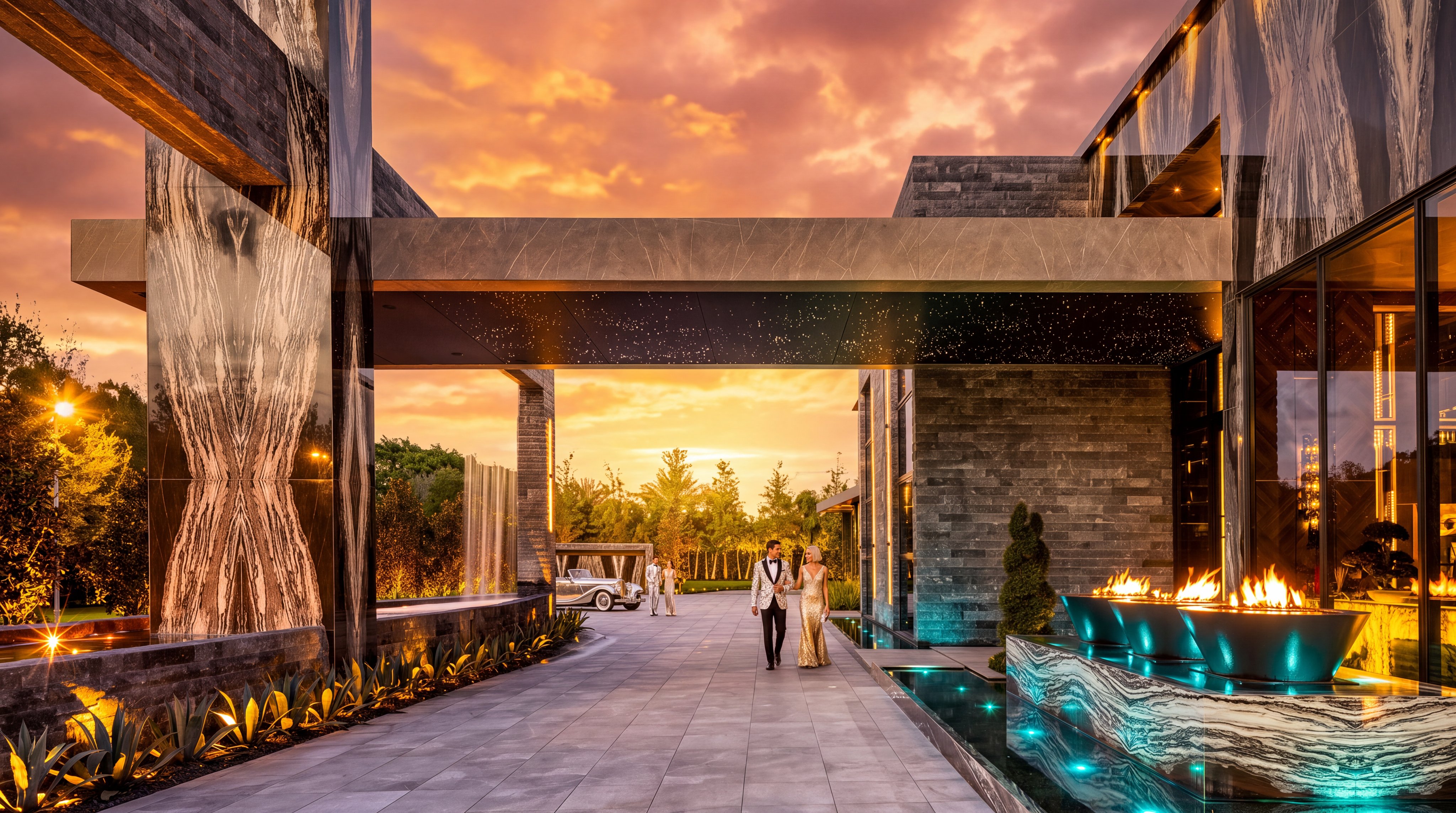 This dramatic, modern entryway features a grand porte-cochère with a starlit ceiling design, creating a luxurious arrival experience. The space is defined by striking stone-clad pillars, a cascading water feature, and a series of fire bowls set atop a stone base that illuminate the path. The perspective is centered on the paved driveway, capturing the sophisticated architectural lighting and the vibrant colors of the sunset sky.