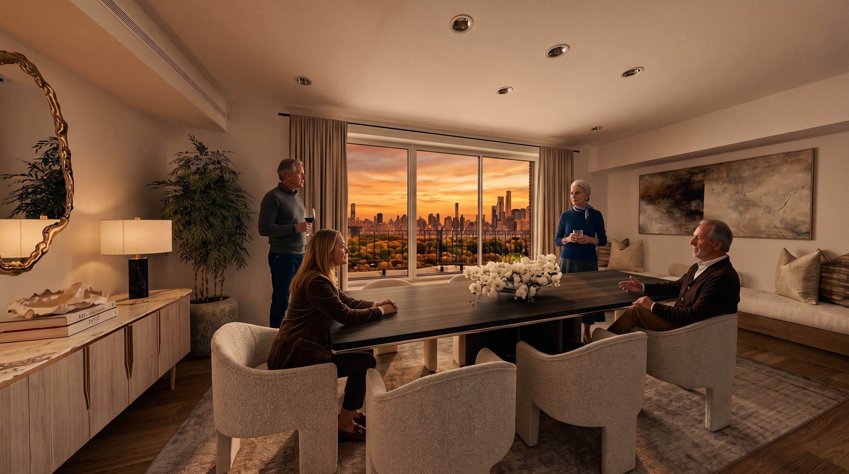 This elegant dining room features a large, dark-toned table surrounded by four modern, cream-colored upholstered chairs. A long, light-toned sideboard sits against the left wall beneath a decorative gold-framed mirror, while a built-in bench with plush cushions provides additional seating along the right wall. Large windows offer a panoramic view of a lush park and the city skyline, filling the space with natural light.