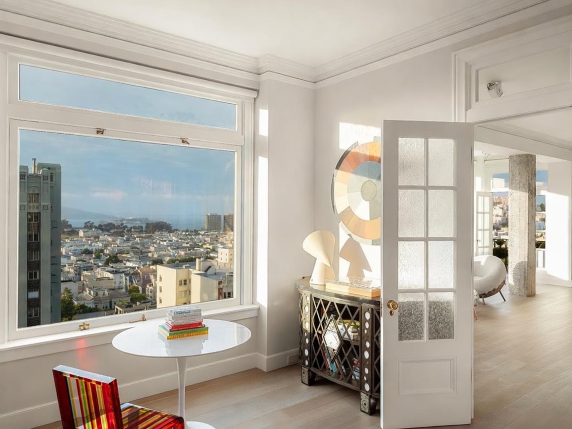 This bright, modern living space features a large window offering a panoramic view of the city skyline and bay. The room is furnished with a small white circular table, a colorful striped chair, and a decorative cabinet with a geometric mirrored front. A white French door leads into an adjacent room, creating an open and airy atmosphere with light wood flooring throughout.