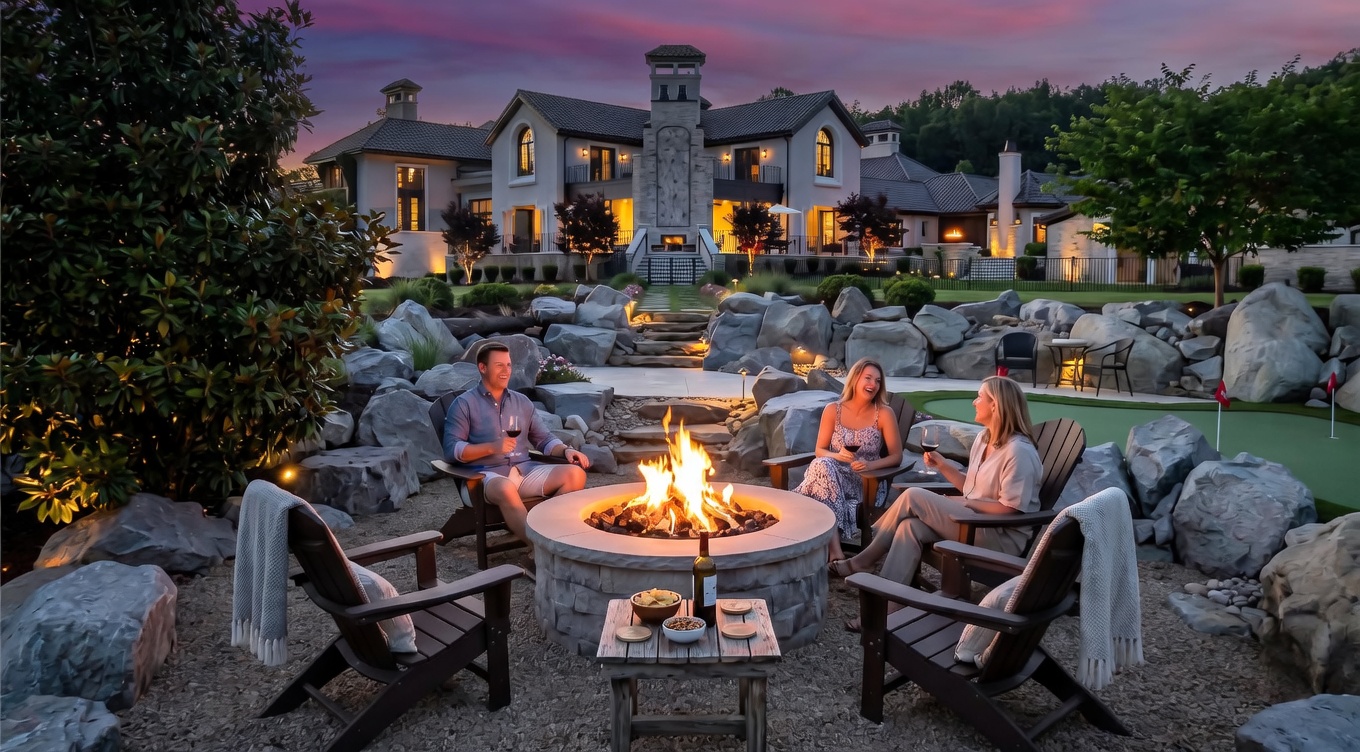 This expansive aerial perspective captures the rear of a grand luxury estate at dusk, set against a vibrant, colorful sunset. The property features a meticulously landscaped backyard with a stone-encircled fire pit area, a putting green, and a central stone-clad chimney breast rising from the main patio. A stone pathway leads from the outdoor living space toward the residence, which showcases elegant architectural details, multiple balconies, and warm interior lighting.