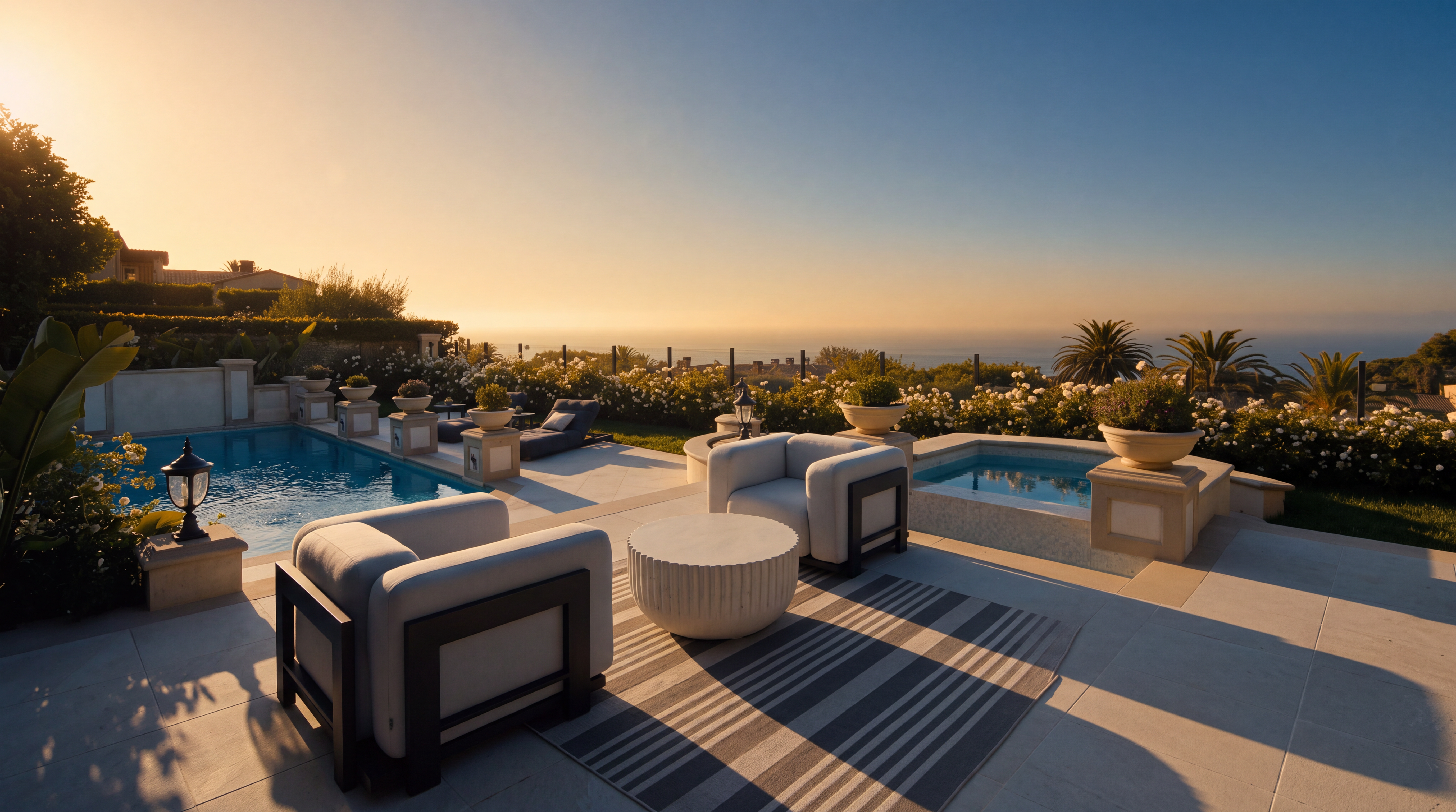 This luxurious outdoor patio area features a pristine swimming pool and a separate spa, set against a breathtaking panoramic ocean view. The space is furnished with modern, light-colored lounge seating arranged around a circular stone coffee table on a striped area rug. The scene captures a serene, high-end resort atmosphere, perfect for relaxation and entertaining under a clear blue sky.