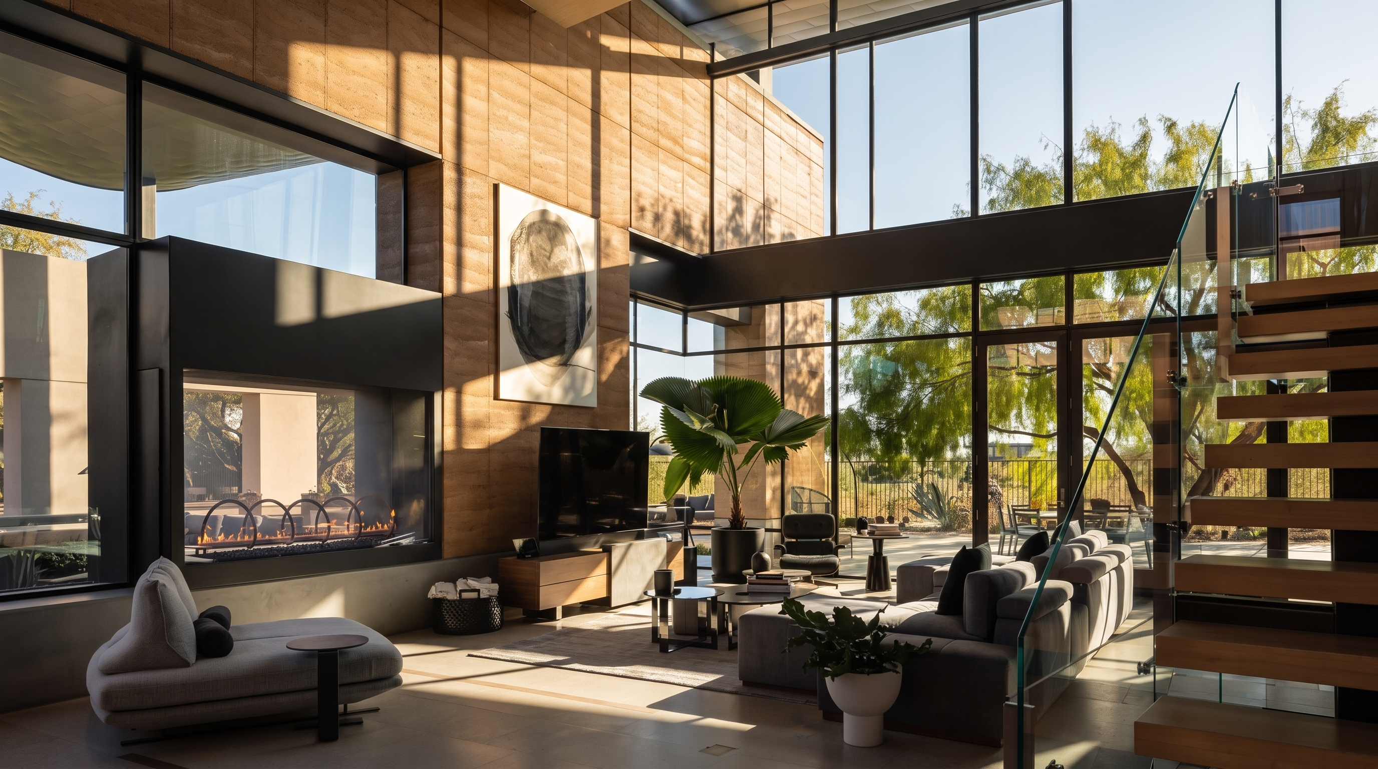 This expansive, modern living room features a dramatic double-height wall clad in textured, earth-toned panels and a large, contemporary fireplace. The space is flooded with natural light from the massive glass walls that offer a seamless connection to the outdoor landscape. A comfortable grey sectional sofa, a statement lounge chair, and a large potted palm tree create a sophisticated, airy atmosphere perfect for high-end entertaining.