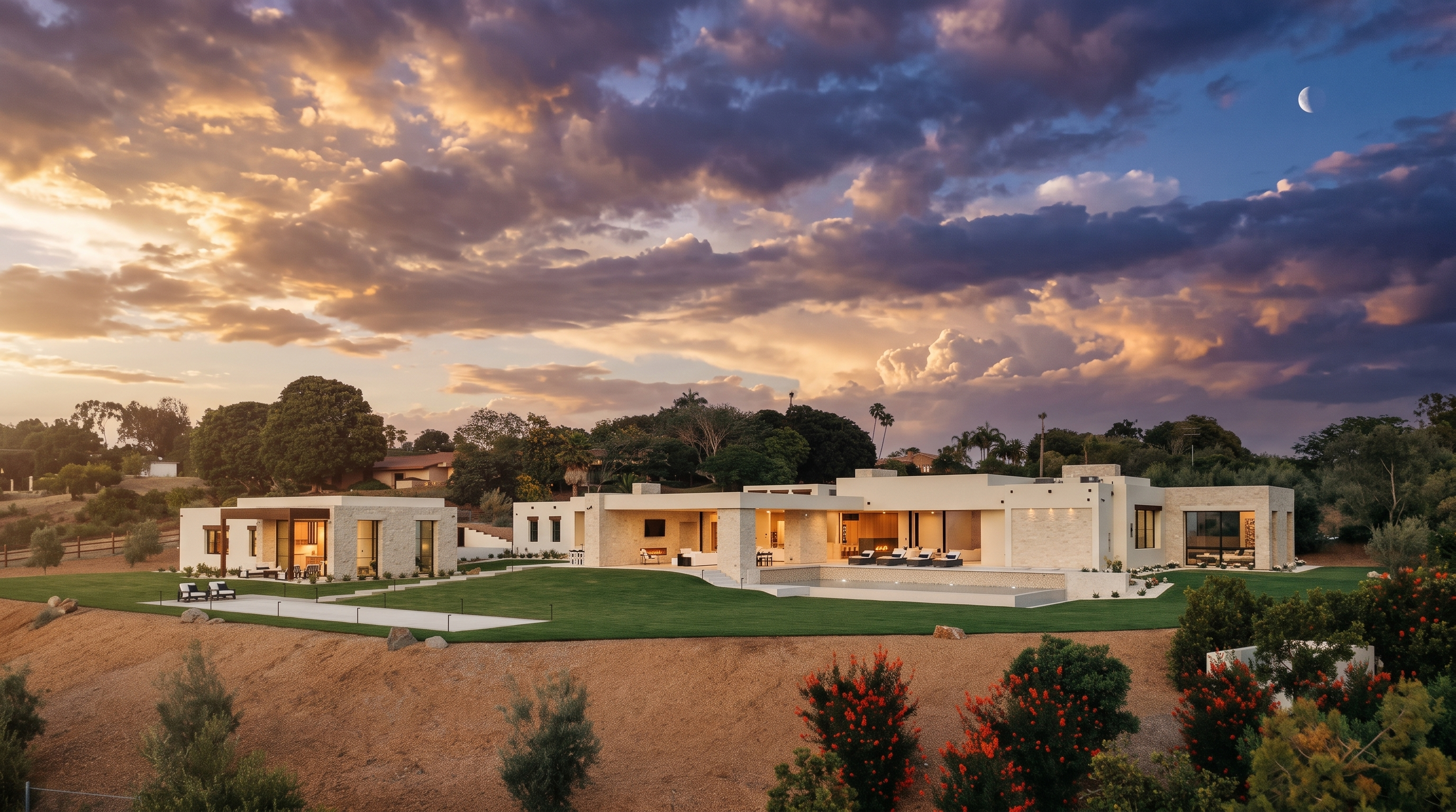 This expansive modern estate features a low-profile, contemporary design with light-colored stone cladding and large glass openings that seamlessly connect the indoor and outdoor living spaces. The property includes a sprawling manicured lawn, a sleek rectangular swimming pool, and a separate guest structure, all set against a dramatic sunset sky. The wide-angle perspective captures the harmonious integration of the architecture with the surrounding landscape, emphasizing a luxurious and serene atmosphere.