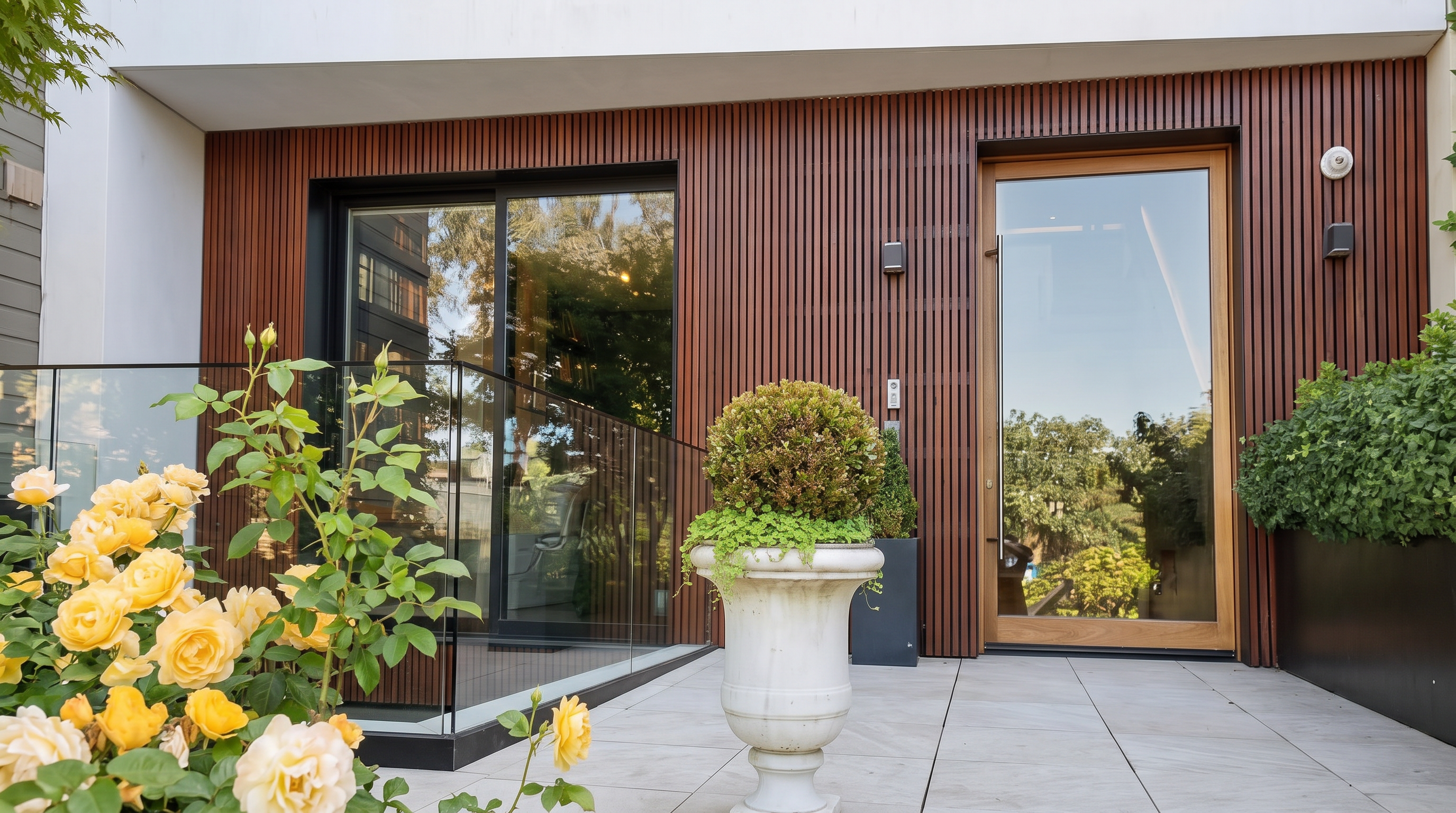 This modern, multi-story residence features a striking facade with a combination of vertical wood-slat paneling on the ground level and large, expansive glass windows on the upper floors. The entryway is framed by a sleek, minimalist door, while a paved patio area in the foreground includes a decorative stone planter and lush yellow roses. The architectural design contrasts sharply with the adjacent traditional building, creating a sophisticated and contemporary urban aesthetic.