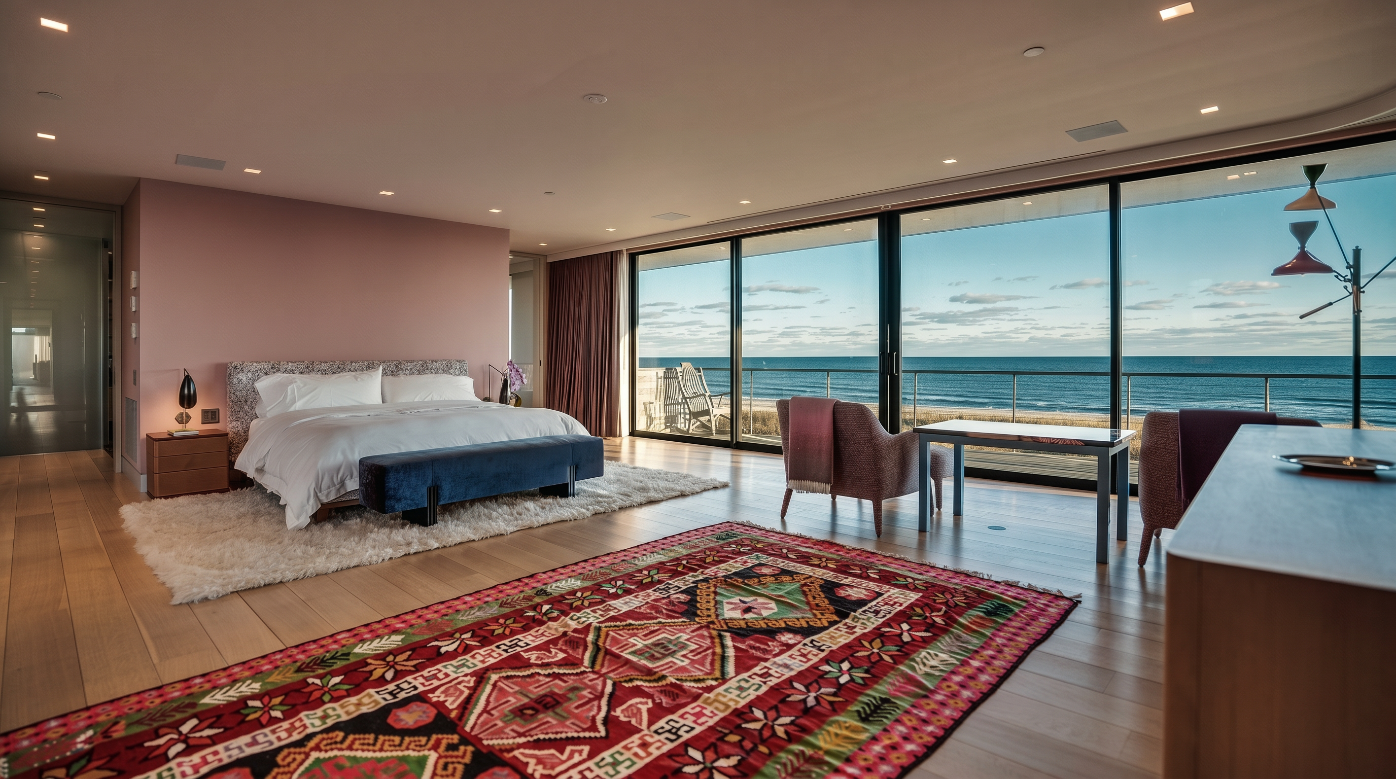 This expansive primary bedroom features light wood flooring and a vibrant, patterned area rug that anchors the space. A plush bed with a textured headboard sits centrally, complemented by a dark blue bench at its foot, while floor-to-ceiling glass walls provide an unobstructed, panoramic view of the ocean. The room is furnished with a small seating area and a sleek desk, creating a serene and luxurious atmosphere that emphasizes the coastal setting.