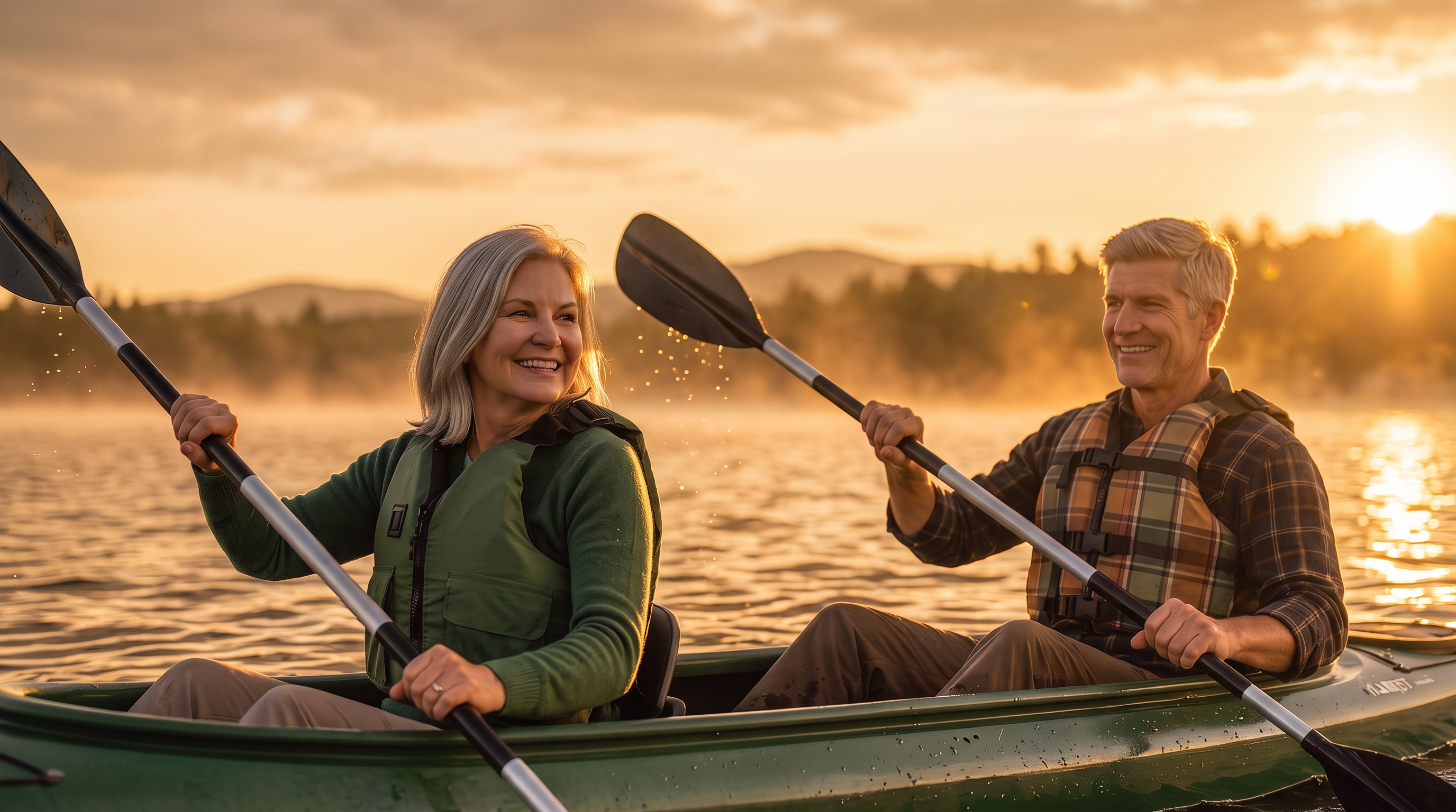 This image highlights a key community amenity, showcasing a couple kayaking on a serene lake during sunset. The tranquil water and picturesque mountainous backdrop offer an appealing lifestyle benefit, ideal for active residents or those interested in outdoor recreational features common in scenic residential communities.