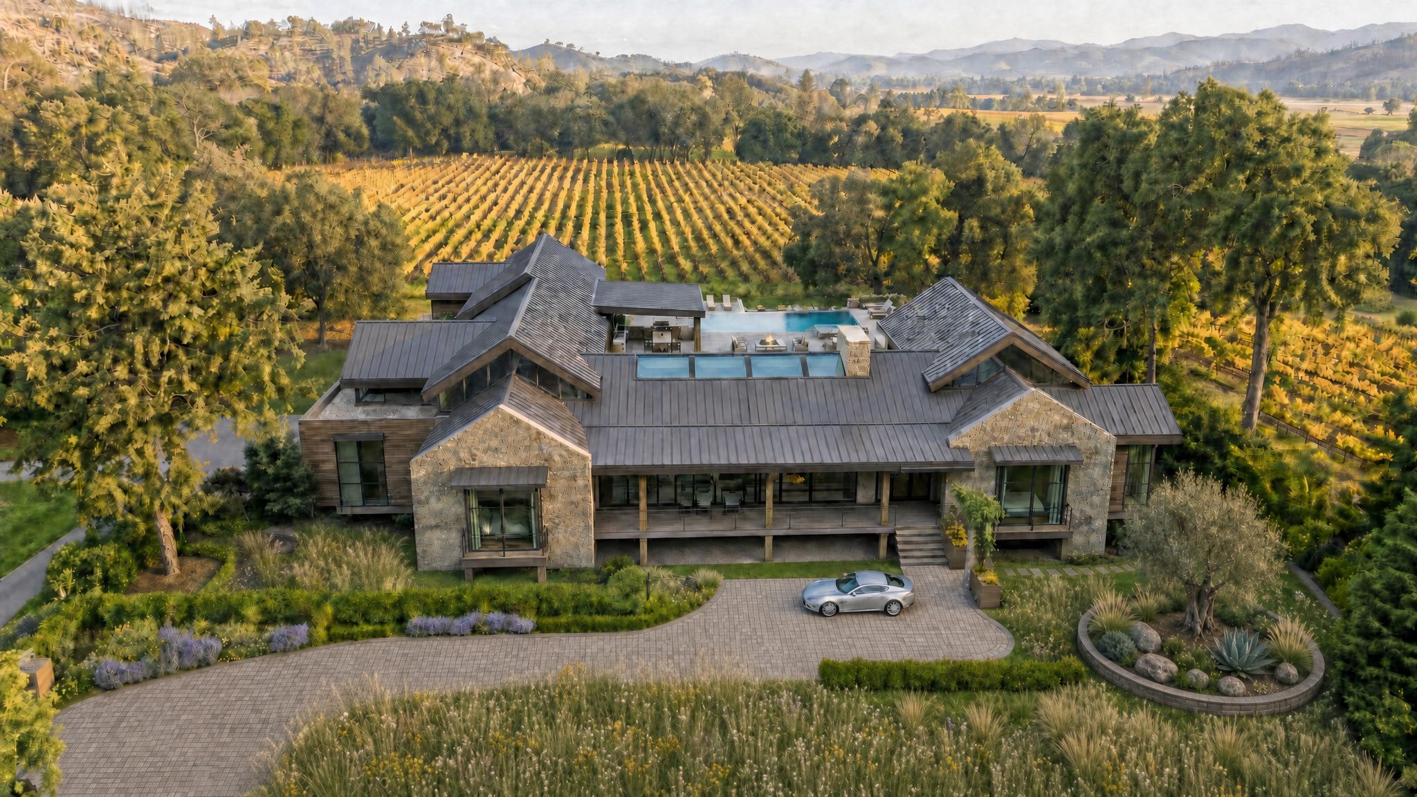 This stunning high-angle aerial view captures a contemporary luxury estate nestled amidst a picturesque vineyard landscape. The residence features a sophisticated design blending natural stone masonry with a dark metal gable roof, complete with a rooftop infinity pool and expansive terraces. A sleek silver car is parked on the paver driveway, emphasizing the property's refined aesthetic and serene, upscale setting.