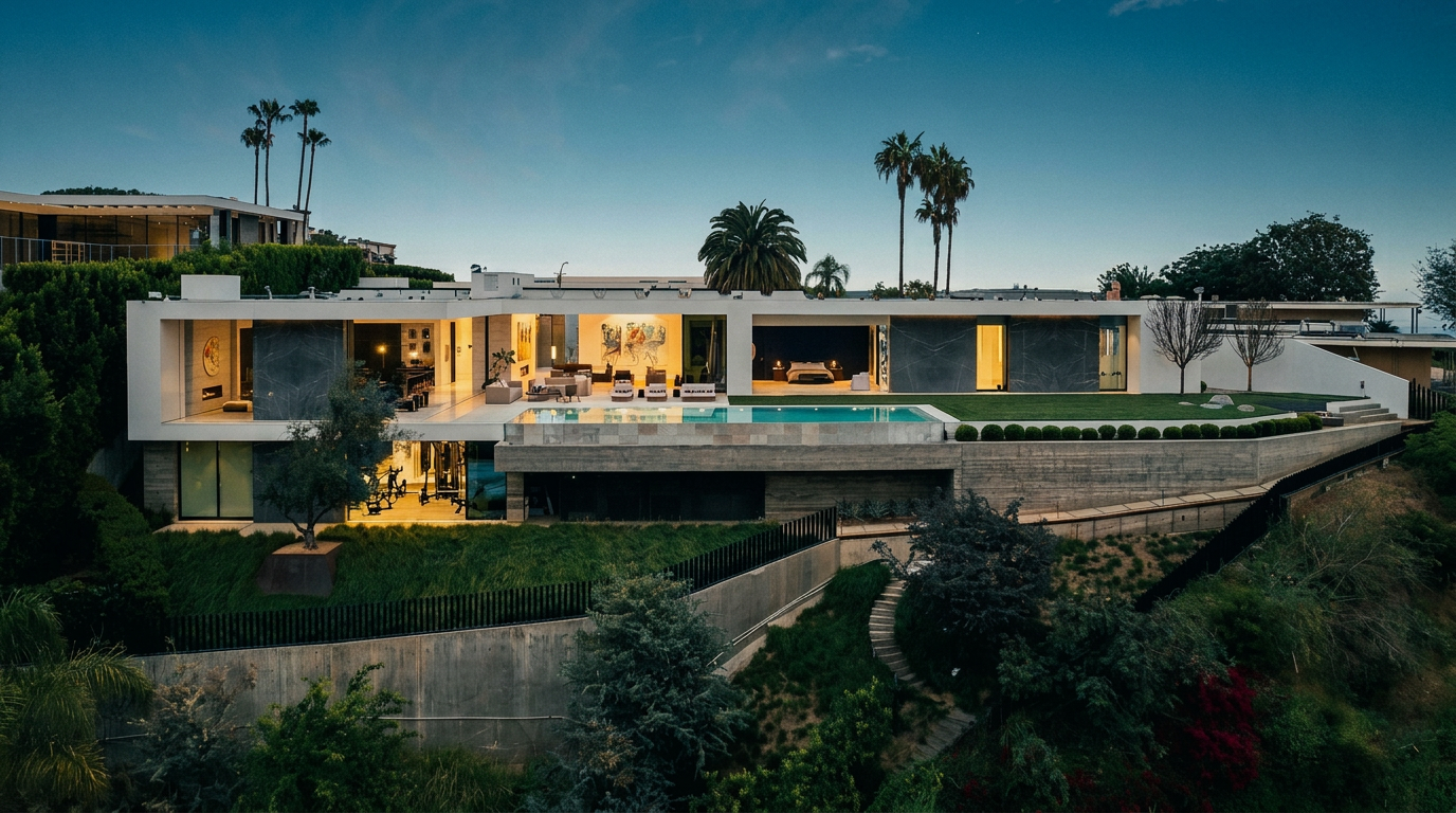 This stunning contemporary luxury estate features a sleek, minimalist architectural design with expansive glass walls and a prominent infinity-edge pool overlooking a hillside. The multi-level structure integrates natural stone textures with modern white framing, creating a seamless indoor-outdoor living experience. The property is set against a lush, landscaped slope, emphasizing its elevated position and sophisticated, high-end aesthetic.