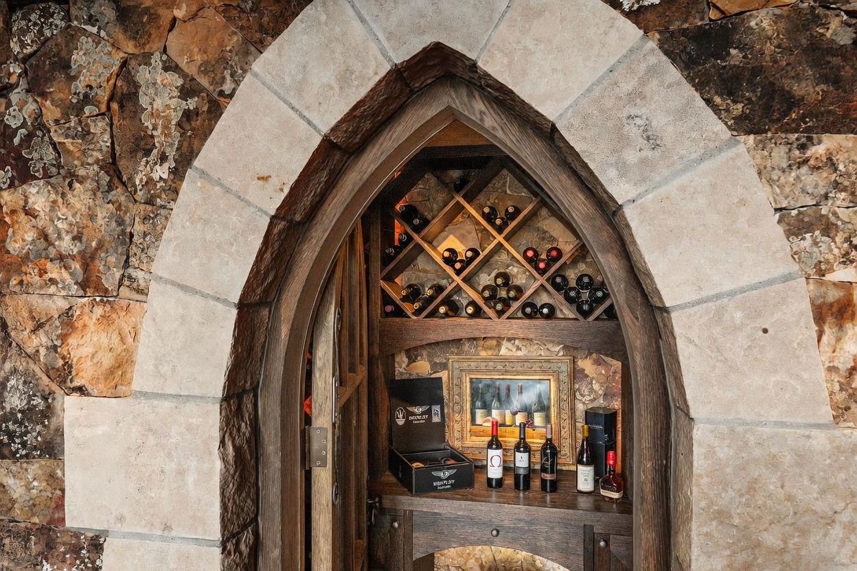 This wine cellar features a dramatic arched stone entryway that frames a custom wooden wine rack and display area. The space includes a built-in shelf holding several wine bottles, a decorative framed print, and a branded storage box, all set against a rustic stone wall backdrop. The combination of arched stonework and dark wood creates a sophisticated, old-world atmosphere perfect for wine storage.