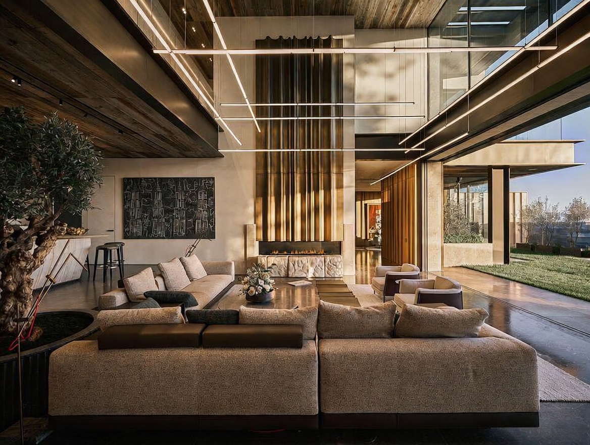 This expansive, ultra-modern living room features a double-height ceiling with dramatic linear lighting and a striking floor-to-ceiling metallic fireplace surround. The open-concept space seamlessly integrates with the outdoors through large glass walls, showcasing a sophisticated blend of natural textures like wood and stone with contemporary furnishings. The perspective is from the rear of the main seating area, looking toward the fireplace and the lush, illuminated garden beyond.