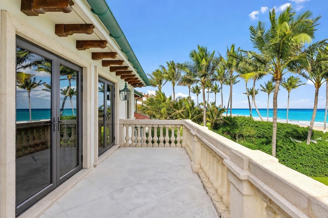 This elevated balcony offers a stunning, unobstructed view of the turquoise ocean and sandy beach. The space features a stone-paved floor, a classic balustrade railing, and dark-framed glass doors that provide seamless indoor-outdoor access. Overhead, decorative wooden corbels support the roofline, adding a touch of architectural character to this serene coastal retreat.