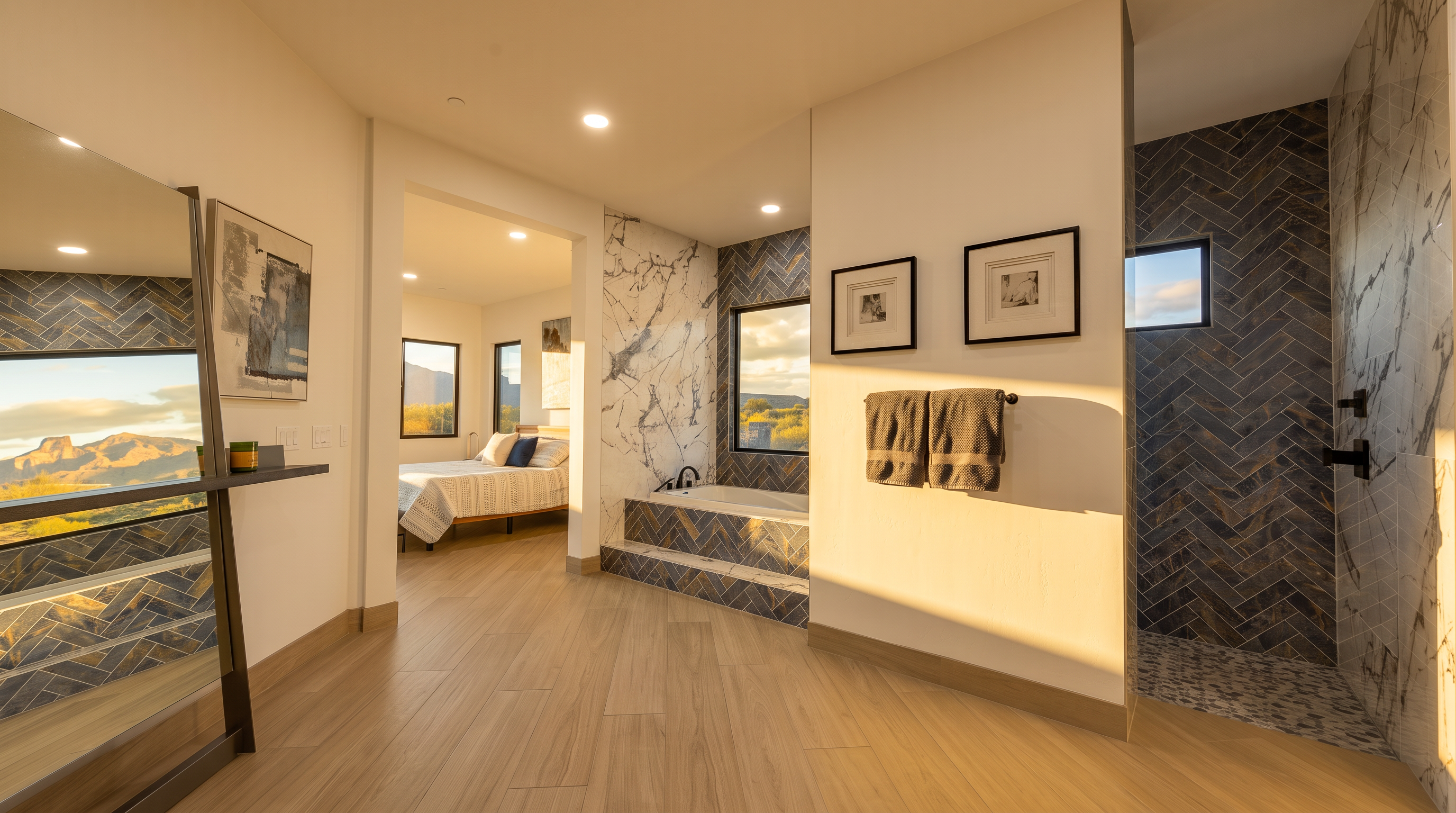 This spacious primary bathroom features a contemporary design with light wood-look flooring and a striking contrast between white walls and dark, herringbone-patterned tile accents. The room includes a built-in soaking tub set against a backdrop of patterned stone and a separate walk-in shower area, with a clear line of sight into the adjacent bedroom. The perspective is wide and inviting, showcasing a clean, high-end aesthetic with minimalist decor and framed artwork.