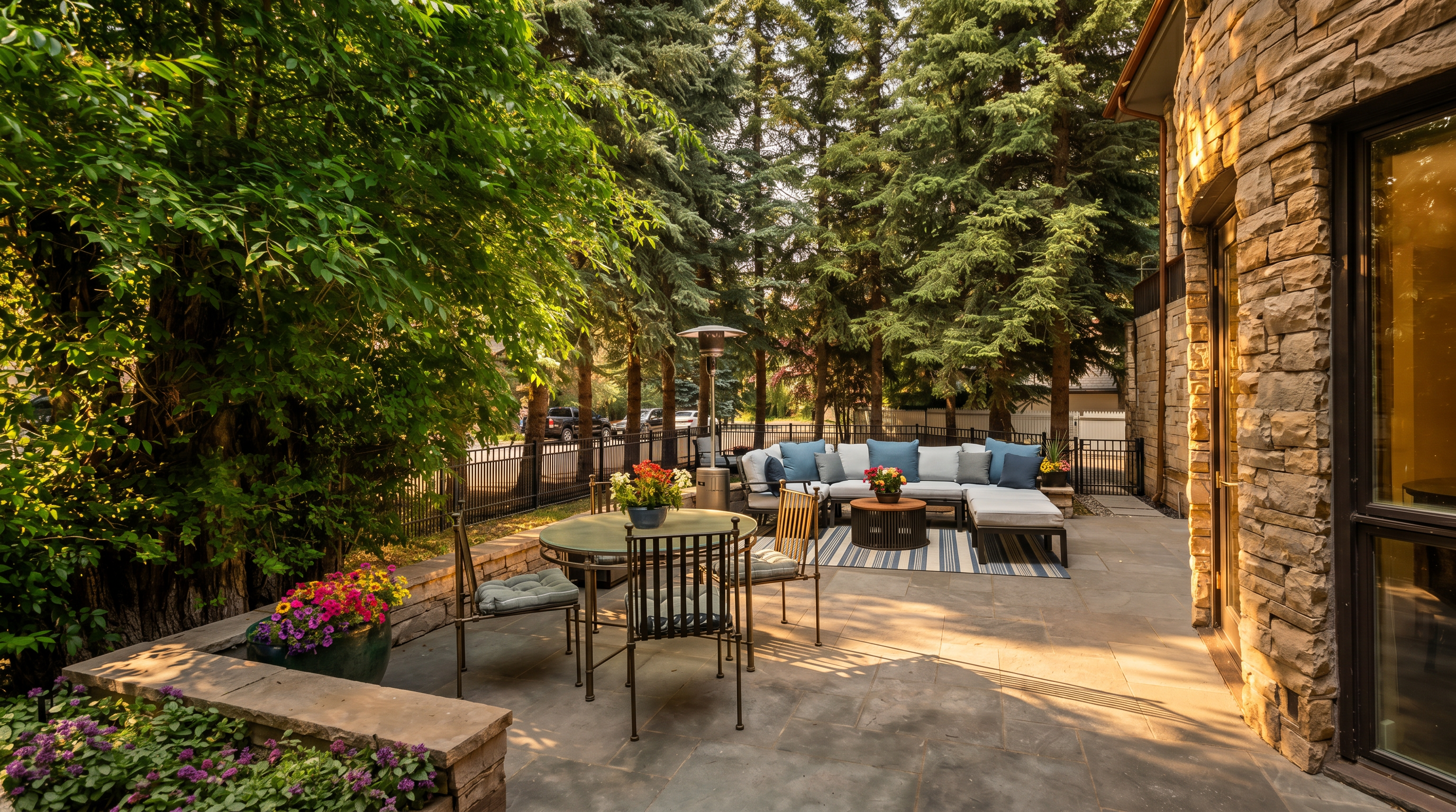 This inviting stone-paved patio offers a serene outdoor living space nestled against a backdrop of mature evergreen trees. The area is furnished with a circular dining set and a comfortable sectional sofa arranged on a striped outdoor rug, creating a perfect setting for relaxation or entertaining. A low stone retaining wall with integrated planters adds texture and greenery, while a tall outdoor heater ensures comfort during cooler evenings.