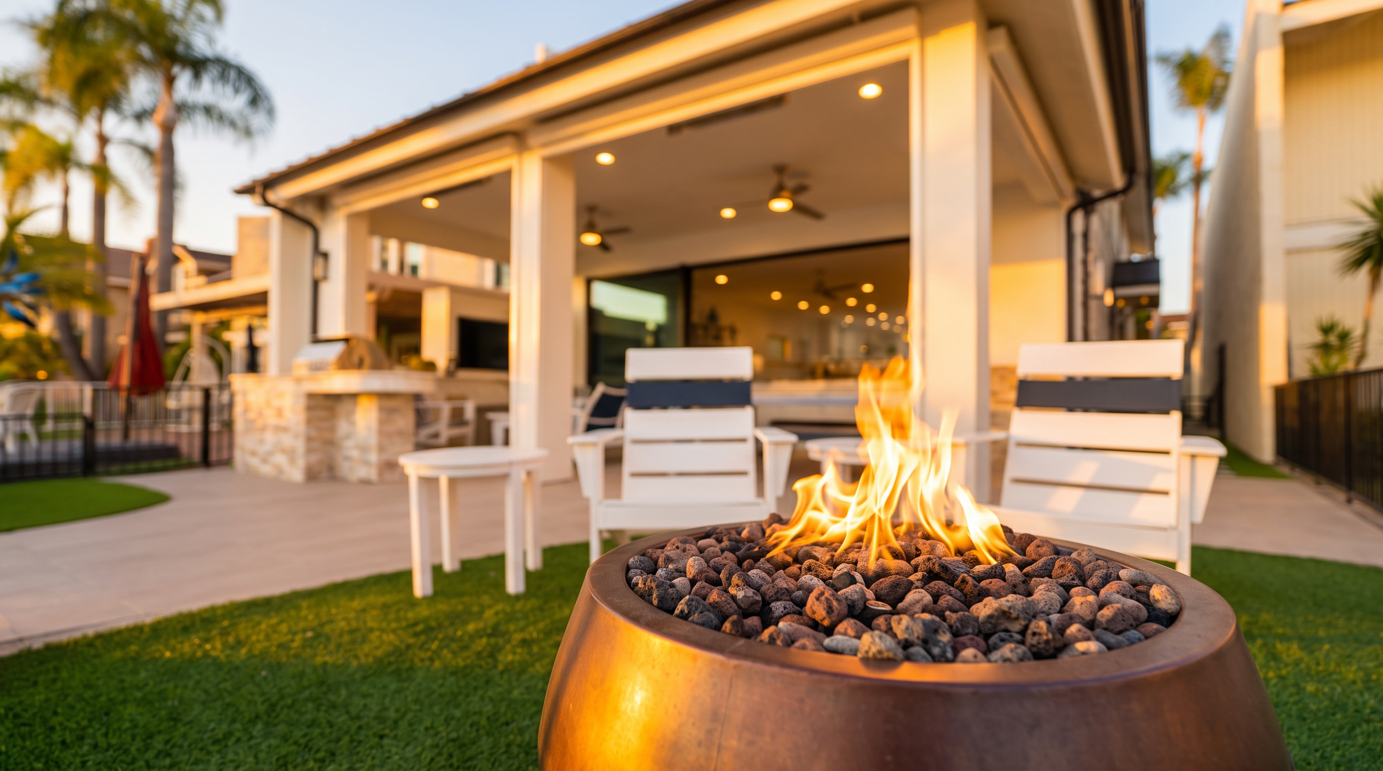 This stunning outdoor living space features a covered patio area complete with an outdoor kitchen, bar seating, and a seamless transition to the interior living space. The backyard includes a cozy fire pit surrounded by modern lounge chairs on a manicured lawn, creating an inviting atmosphere for evening entertainment. With its clean lines, contemporary design, and well-lit exterior, this property offers a luxurious and functional space for outdoor relaxation.