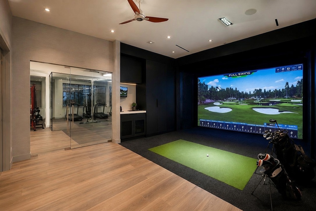 This modern multi-purpose room features a high-end golf simulator with a large projection screen and a putting green mat. To the left, a glass-enclosed fitness area is visible, showcasing a sleek, contemporary design with light wood flooring and dark cabinetry. The space is illuminated by recessed ceiling lights and a central ceiling fan, creating a sophisticated environment for recreation and exercise.