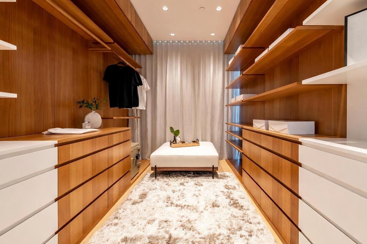 This sophisticated walk-in closet features extensive custom wood cabinetry with a mix of open shelving and closed drawers. A central white ottoman sits atop a plush, textured area rug, while a sheer curtain softens the light at the far end of the room. The symmetrical layout and warm wood tones create a luxurious and organized atmosphere.