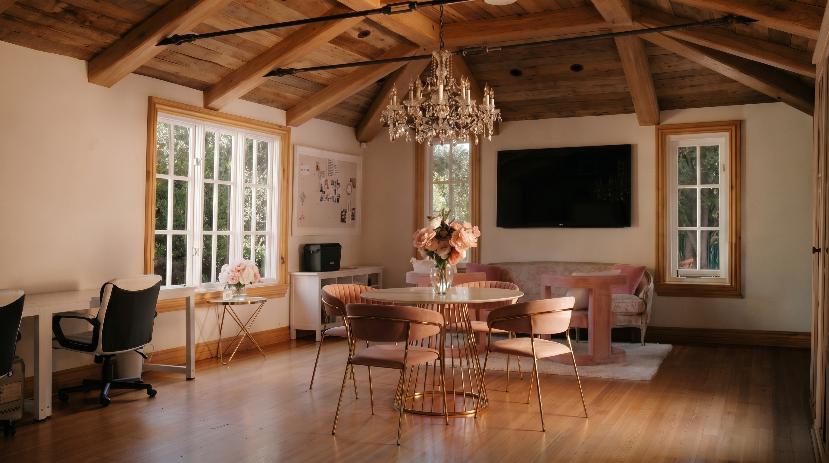 This elegant multi-purpose room features a sophisticated blend of rustic wood-beamed ceilings and modern, chic furnishings. The space is anchored by a central dining-style table with velvet chairs under a crystal chandelier, complemented by a dedicated desk area and a cozy seating nook with a television. The warm wood flooring and natural light streaming through the windows create an inviting and versatile atmosphere suitable for both work and relaxation.