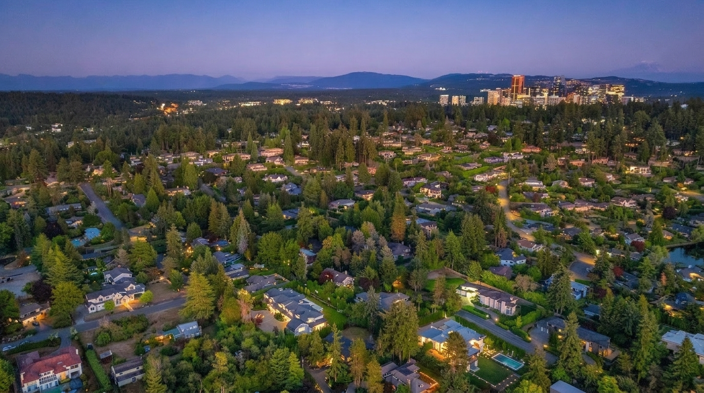 This high-angle aerial view captures a residential property at twilight, highlighted by a white arrow pointing to the main house. The scene showcases a lush, tree-filled neighborhood with a distant city skyline glowing against the dusk sky. The perspective emphasizes the home's integration into a mature, landscaped environment, providing a sense of scale and location.