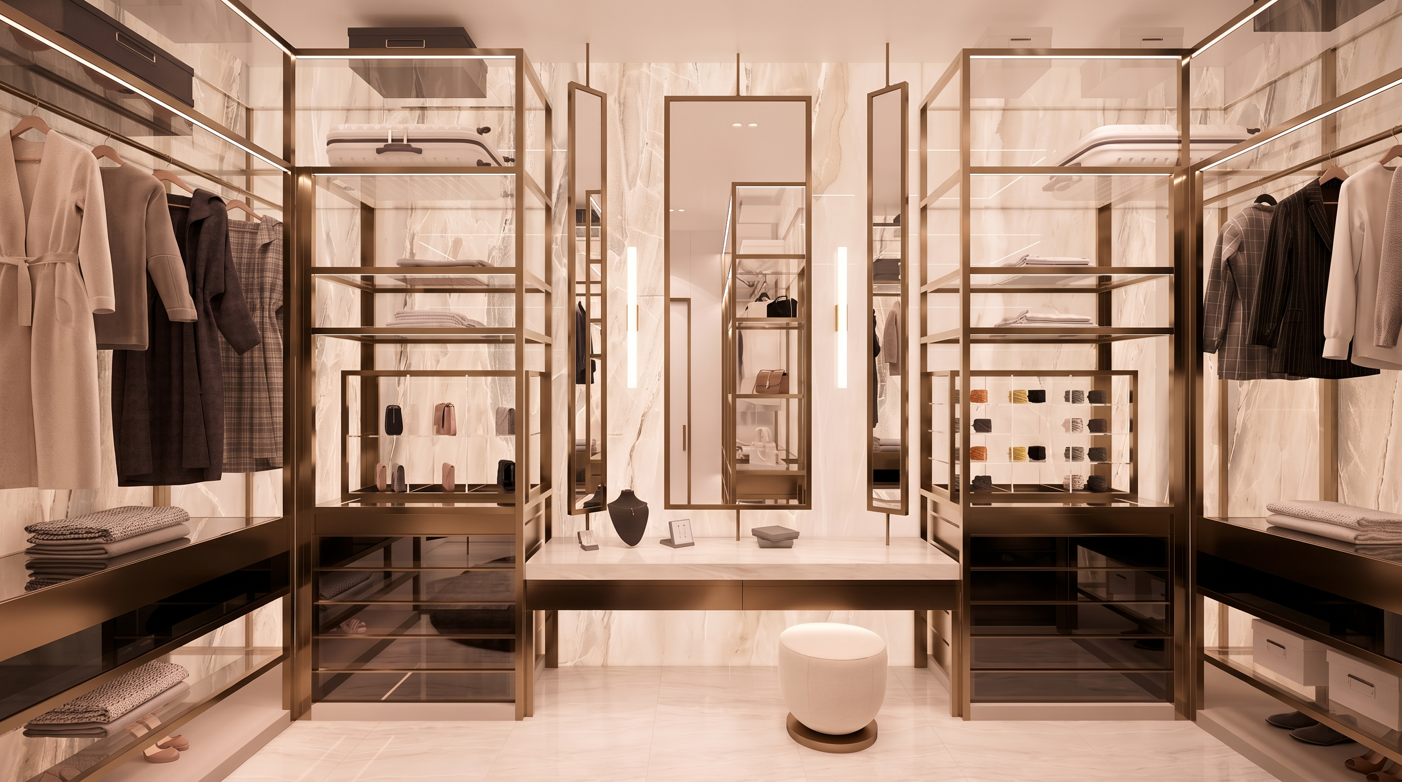 This luxurious walk-in closet features a symmetrical layout with gold-toned metal shelving units and a central vanity area. The walls are finished in a light-toned stone with subtle veining, complemented by a matching stone vanity countertop and a circular ottoman. The space is illuminated by integrated linear lighting, creating a sophisticated and organized boutique-style atmosphere.
