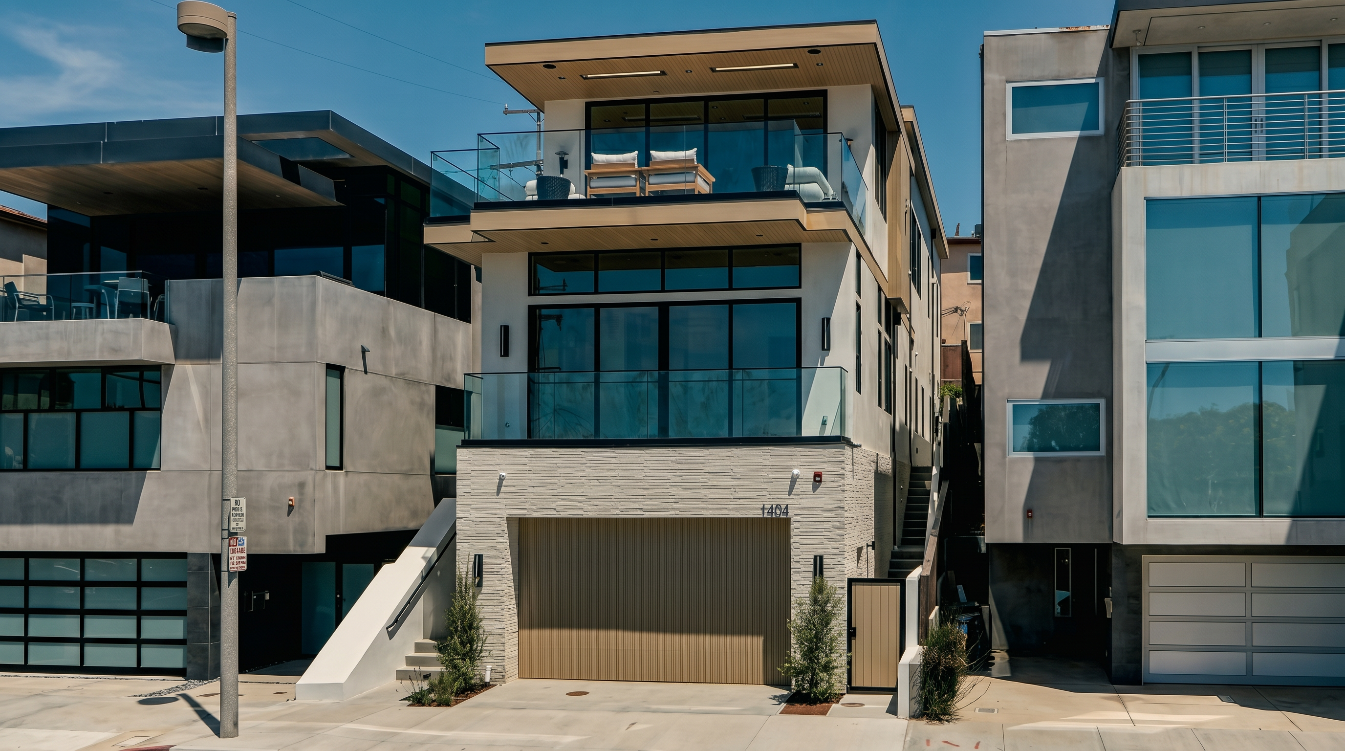 This modern three-story residence features a contemporary architectural design with a prominent garage on the ground level and two levels of balconies above. The facade combines textured white stone cladding on the lower portion with large glass panels and dark-framed windows on the upper floors. The property is situated in a dense residential neighborhood, flanked by similar modern homes, and includes a small landscaped area near the entrance.