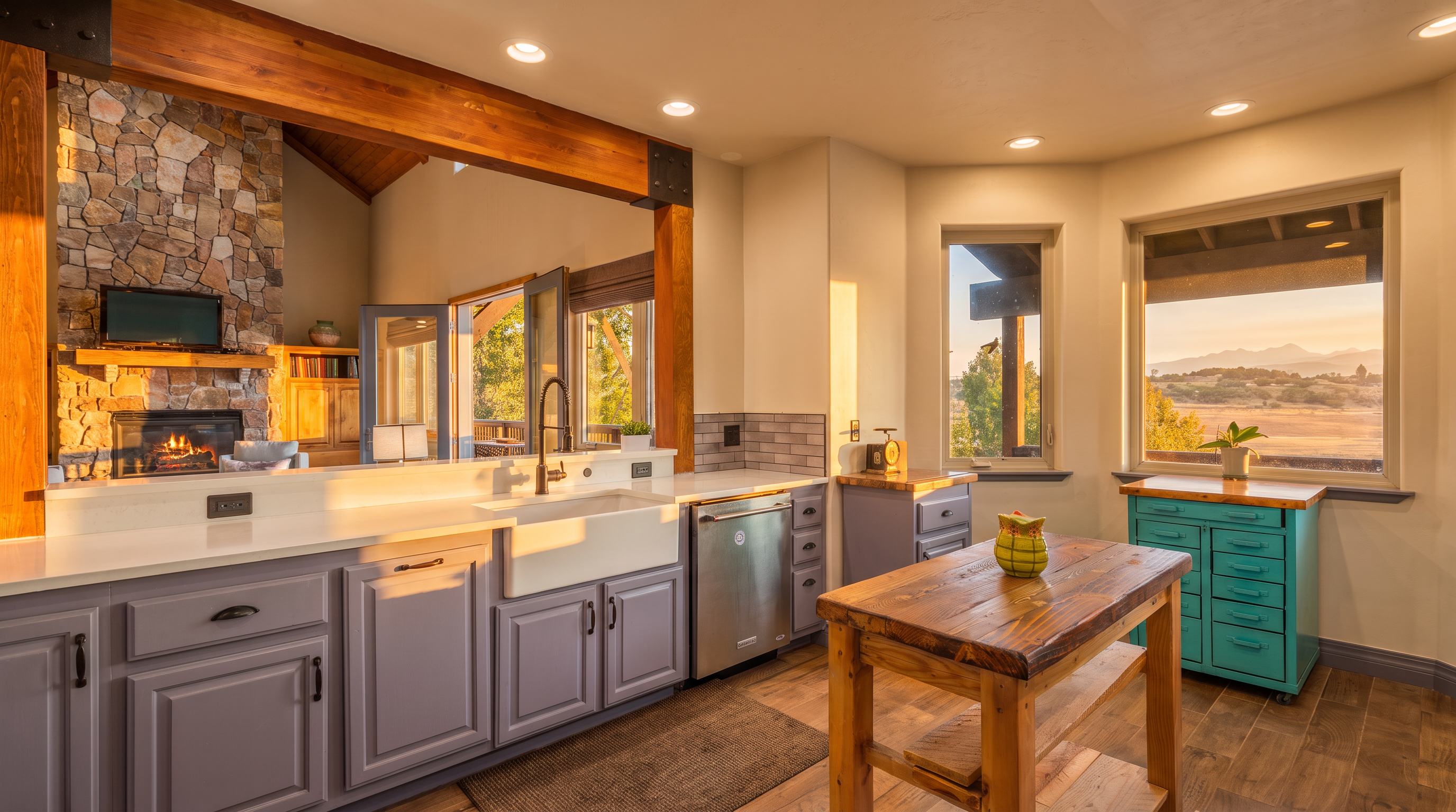 This kitchen features a distinct blend of rustic and modern design with purple-toned lower cabinetry, a classic farmhouse sink, and a prominent wood-topped kitchen island. A large stone fireplace serves as a striking backdrop, creating a warm, cozy atmosphere while connecting the kitchen to the living area. Large windows provide sweeping views of the surrounding mountainous landscape, filling the space with natural light.