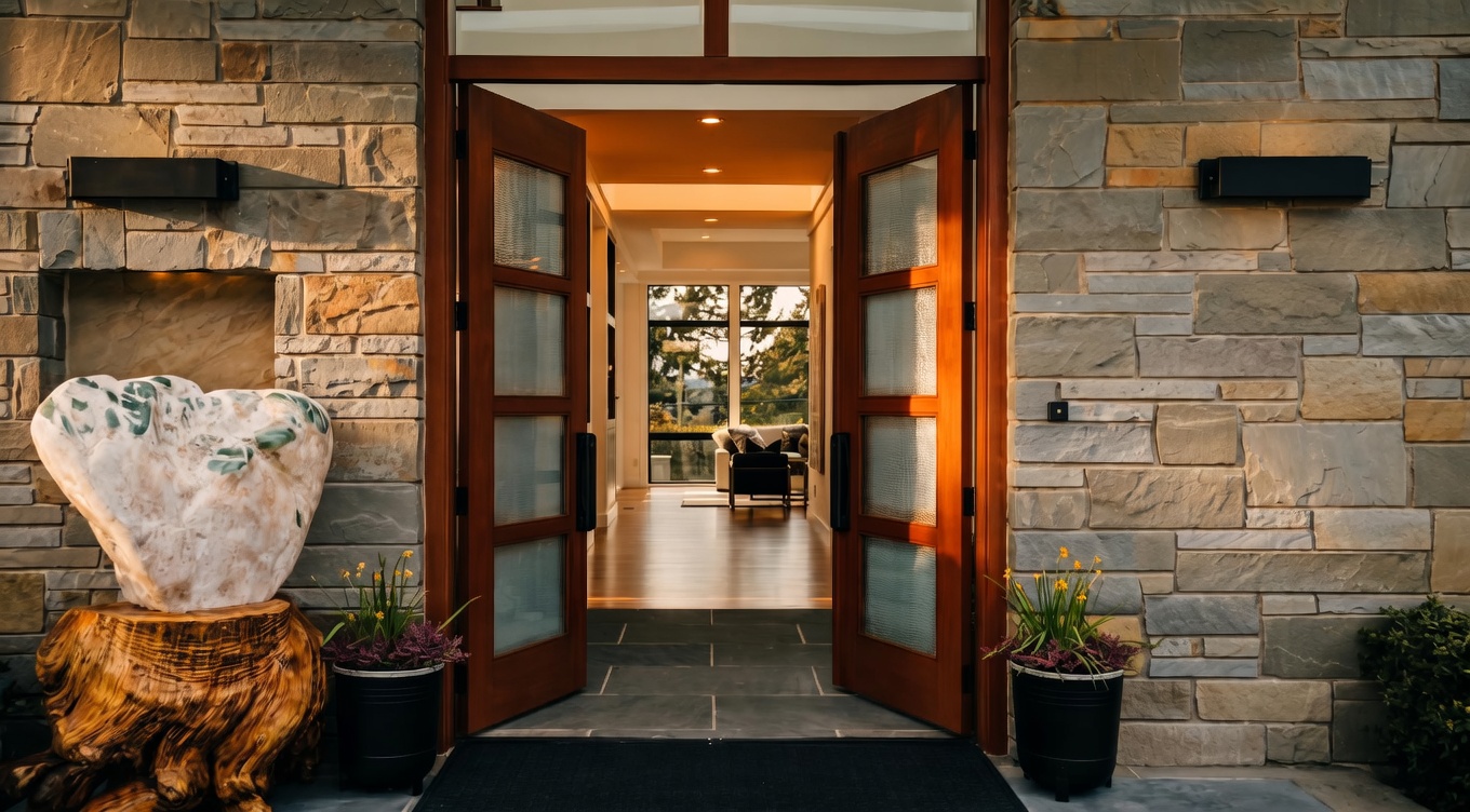 This inviting entryway features a set of double wooden doors with frosted glass panels, set within a textured stone facade. A large, unique decorative stone sculpture rests on a natural wood stump to the left, while symmetrical potted plants flank the entrance on a slate-tiled porch. The open doors provide a clear, inviting view through the home to the living area and the lush greenery visible through the large windows beyond.