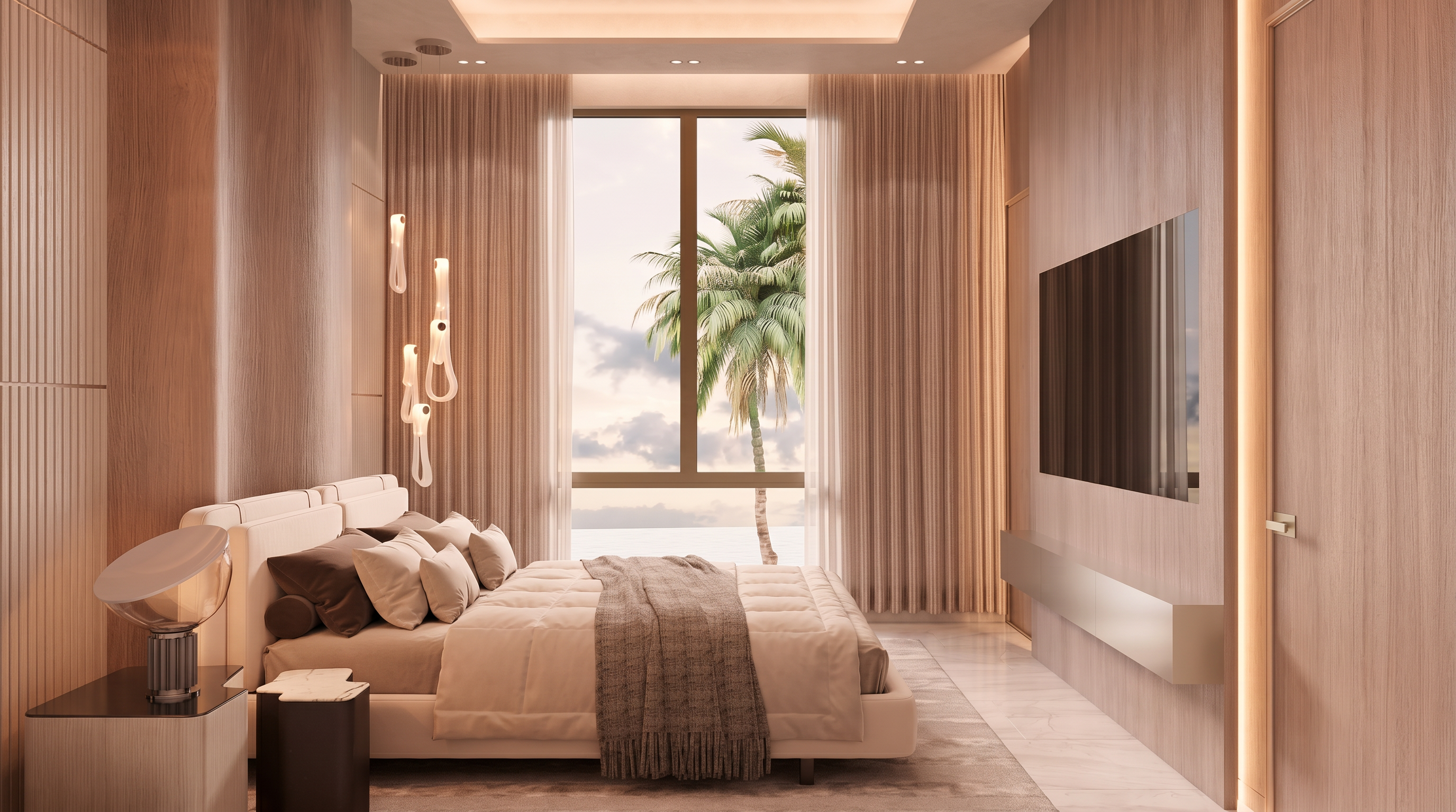 This sophisticated primary bedroom features a neutral color palette with warm wood-paneled walls and soft, layered bedding. A large window framed by floor-to-ceiling curtains offers a scenic view of palm trees and the ocean, while modern, sculptural pendant lights provide ambient illumination. The room is anchored by a low-profile bed and a sleek, wall-mounted television, creating a serene and contemporary atmosphere.