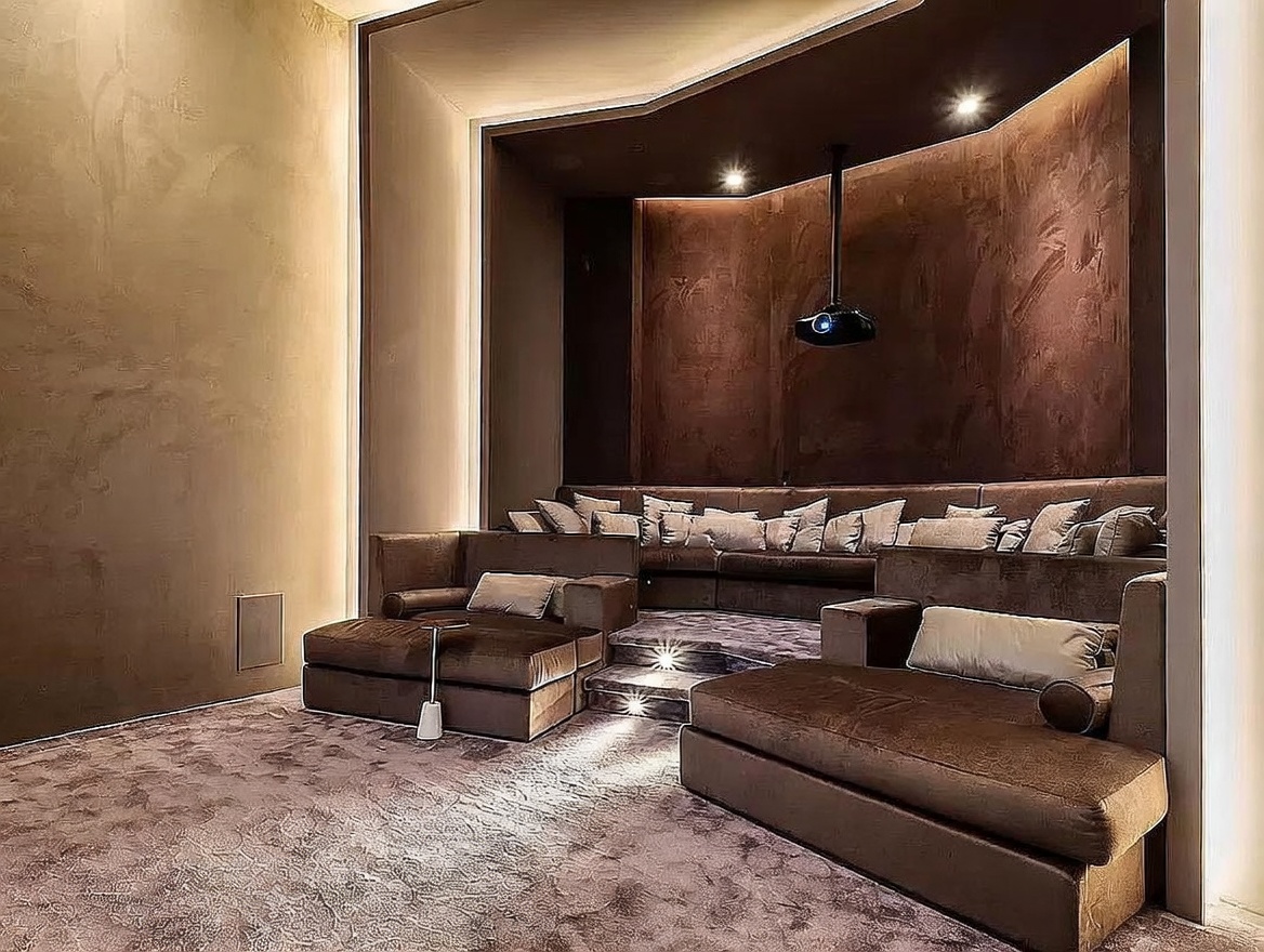 This luxurious home theater features a tiered seating arrangement with plush, dark-toned lounge furniture and numerous decorative pillows. The room is designed with a recessed, curved wall section that houses a ceiling-mounted projector, accented by warm, integrated ambient lighting. The space is finished with textured wall treatments and deep-pile carpeting, creating an intimate and sophisticated cinematic environment.