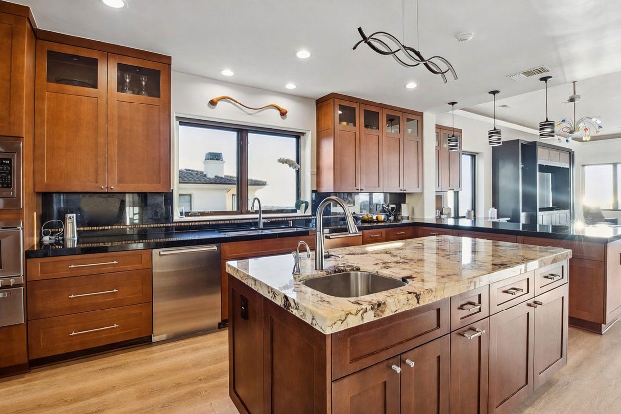 This spacious kitchen features warm-toned cabinetry, dark stone countertops, and a large central island with a built-in sink. The space is illuminated by recessed lighting and decorative pendant fixtures, while a large window above the main sink provides natural light and a view of the outdoors. The layout includes stainless steel appliances and light-colored wood-look flooring, creating a functional and inviting culinary environment.