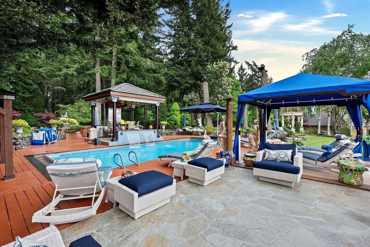 This expansive outdoor living space features a large swimming pool with a built-in waterfall feature and a covered poolside bar area. The patio is finished with natural stone pavers and wood decking, complemented by multiple seating areas under a blue canopy and lush, mature landscaping. The scene offers a resort-like atmosphere, perfect for entertaining and relaxation in a private, wooded setting.