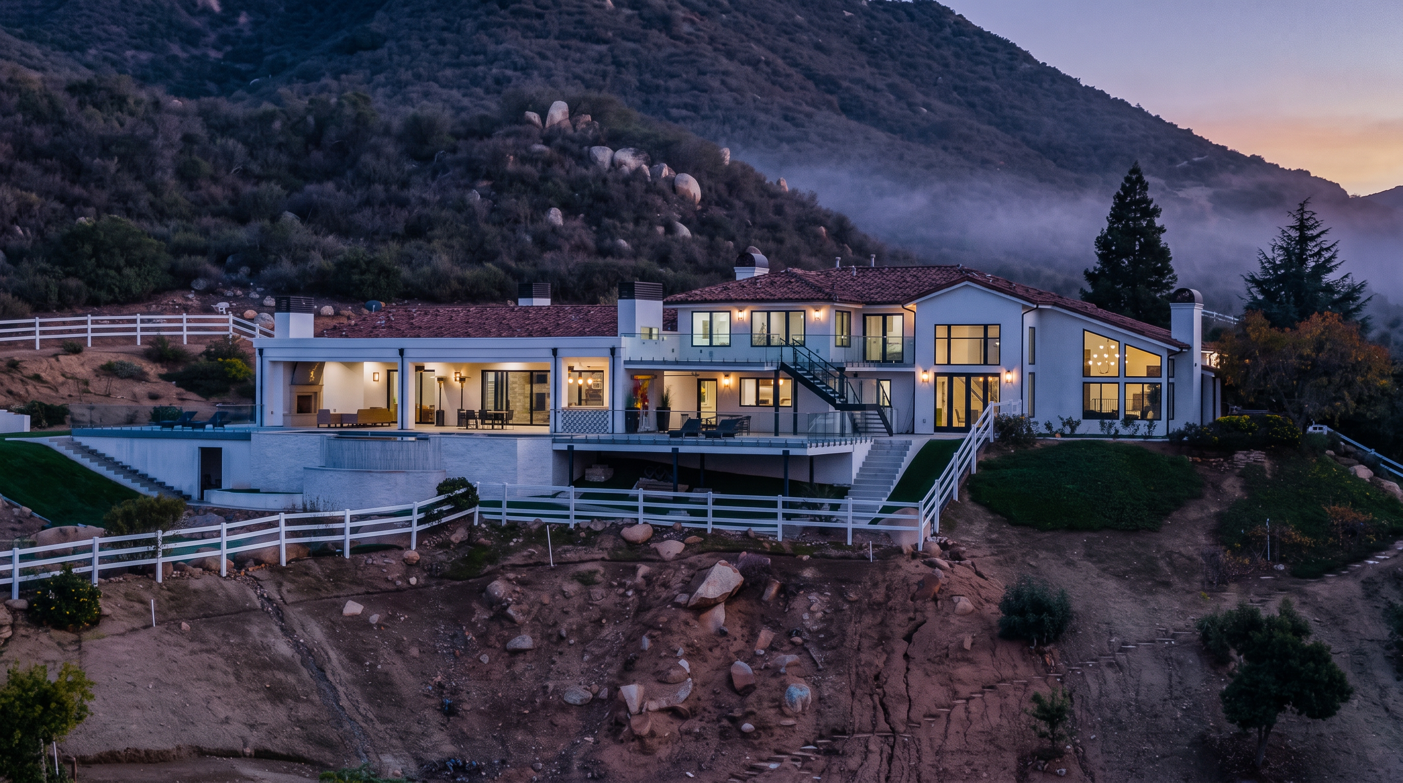 This stunning contemporary residence is set against a hillside backdrop, featuring a sophisticated tiered design with a spacious patio, an infinity-edge pool, and a spa area. The home boasts clean white lines, large glass-paned windows, and a classic red-tiled roof, seamlessly blending modern luxury with outdoor living. Its elevated position and integrated deck make it an ideal setting for panoramic views and elegant entertaining.