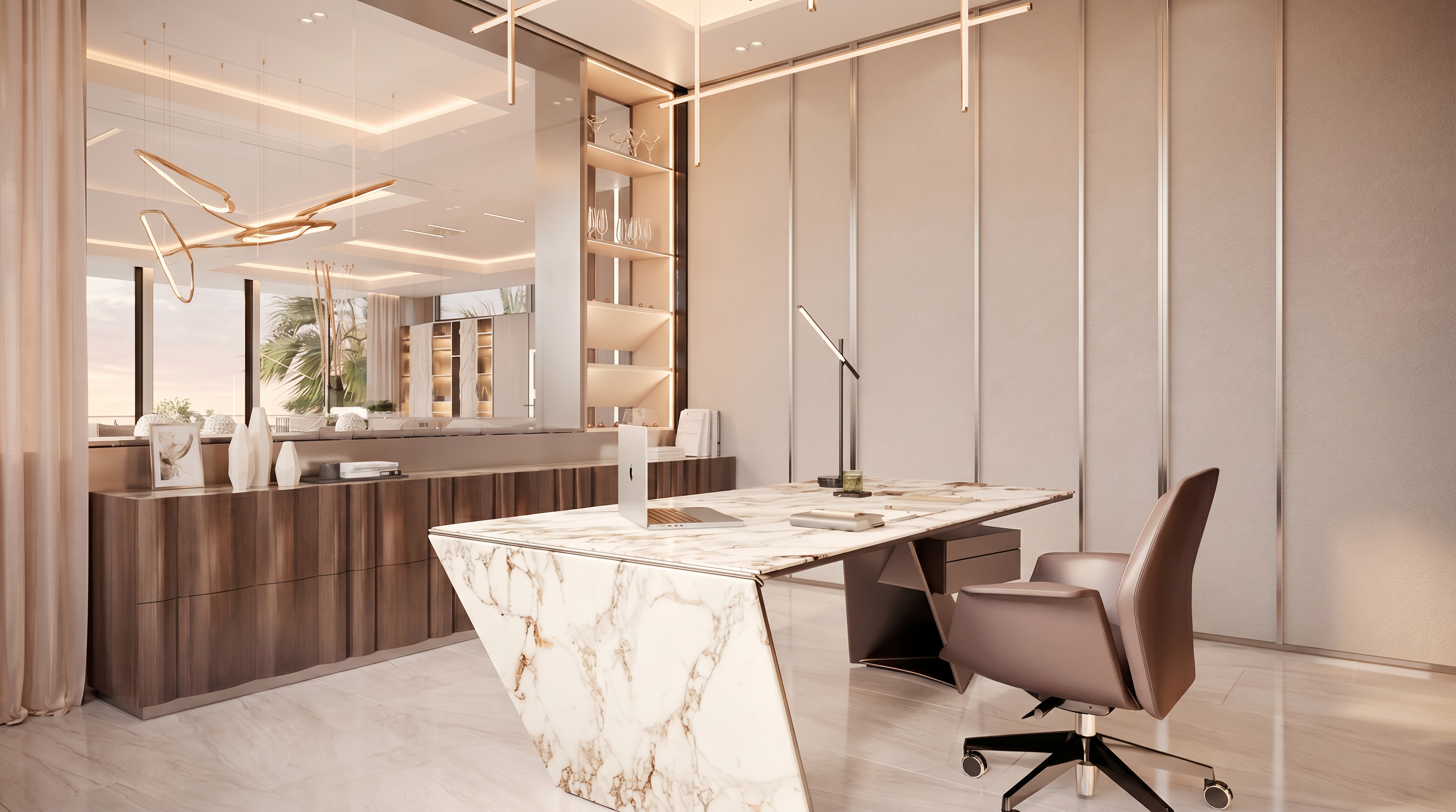 This sophisticated home office features a striking desk with a patterned stone top and a sleek, angular base. The room is accented by a tall, illuminated shelving unit and a modern desk lamp, set against a backdrop of neutral-toned wall paneling. A contemporary leather office chair completes the workspace, which is captured from a slightly elevated, cinematic angle that emphasizes the clean lines and high-end finishes of the room.