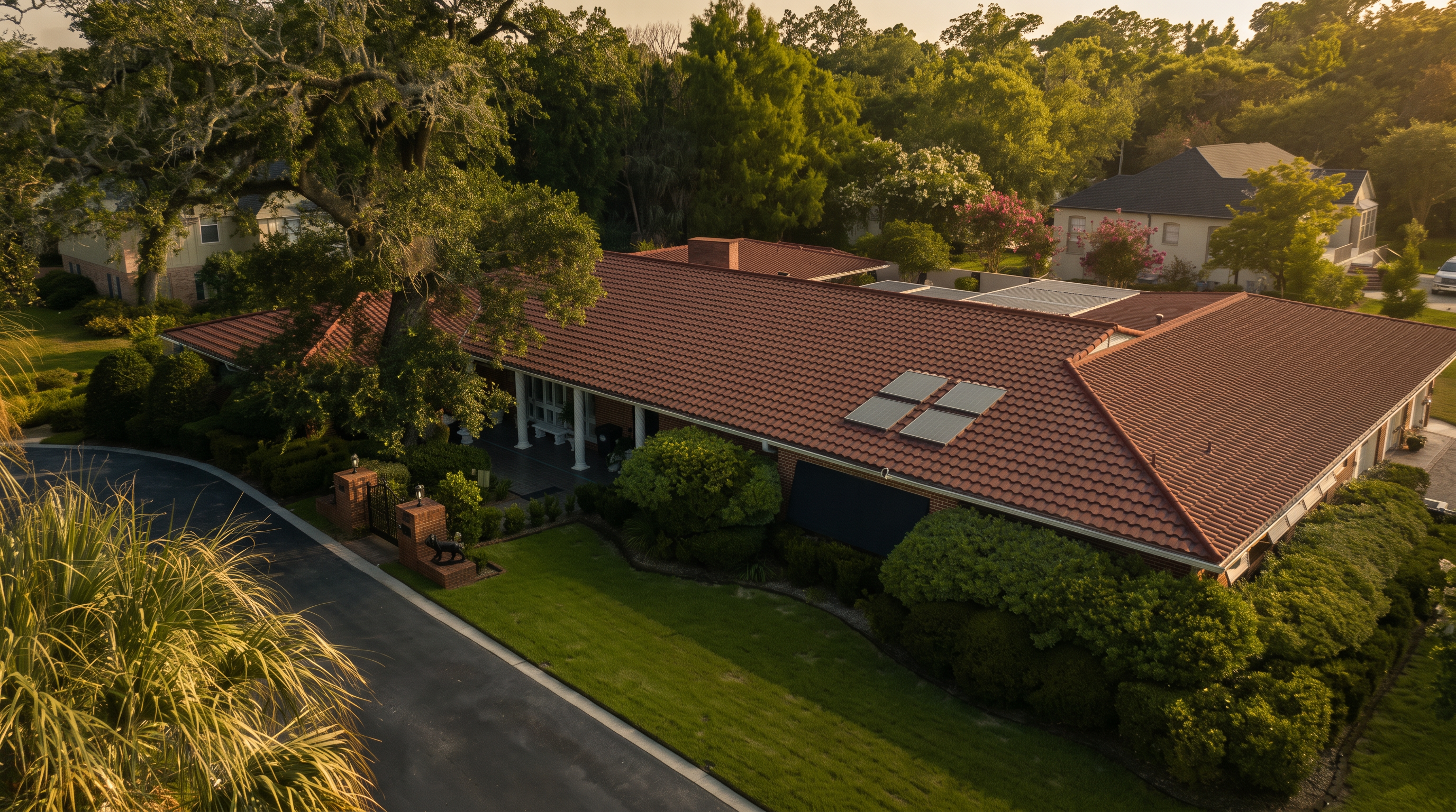 This high-angle aerial view captures a sprawling single-story residence with a distinctive red-tiled roof and a brick facade. The property features a long, paved driveway leading to a gated entrance, surrounded by lush, mature landscaping and large shade trees. Solar panels are visible on the roof, and the home is set within a quiet, green residential neighborhood.