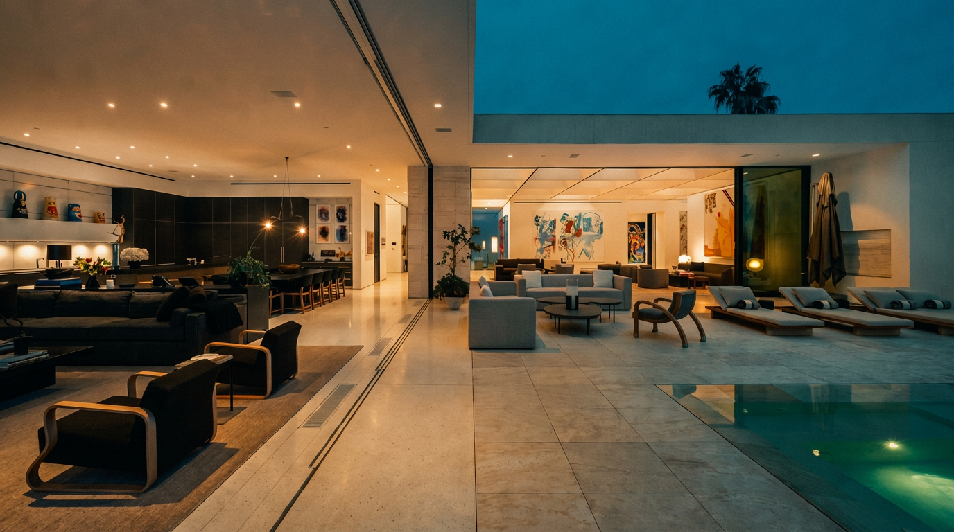 This expansive, ultra-modern living space seamlessly blends indoor and outdoor living through massive retractable glass walls that open onto a sleek patio and swimming pool. The interior features a sophisticated, minimalist design with a dark-toned lounge area, high-end contemporary furniture, and vibrant abstract art, creating a luxurious and airy atmosphere. The perspective captures the fluid transition between the refined indoor living room and the serene, resort-style outdoor deck at dusk.