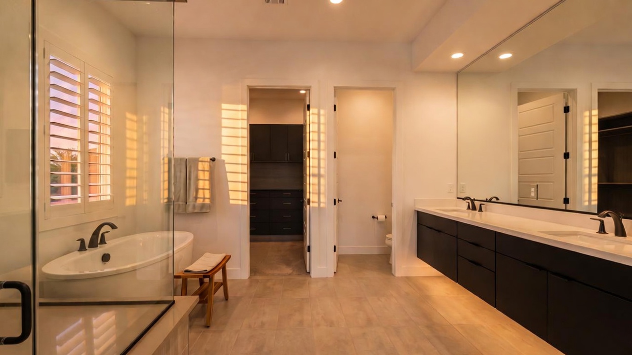 This spacious primary bathroom features a sleek, modern aesthetic with a large floating vanity in a dark finish and a glass-enclosed soaking tub area. The room is bright and airy, highlighted by a expansive wall-to-wall mirror and neutral tile flooring that extends throughout the space. A doorway leads into a walk-in closet, while a separate private water closet is visible, creating a functional and well-organized layout.