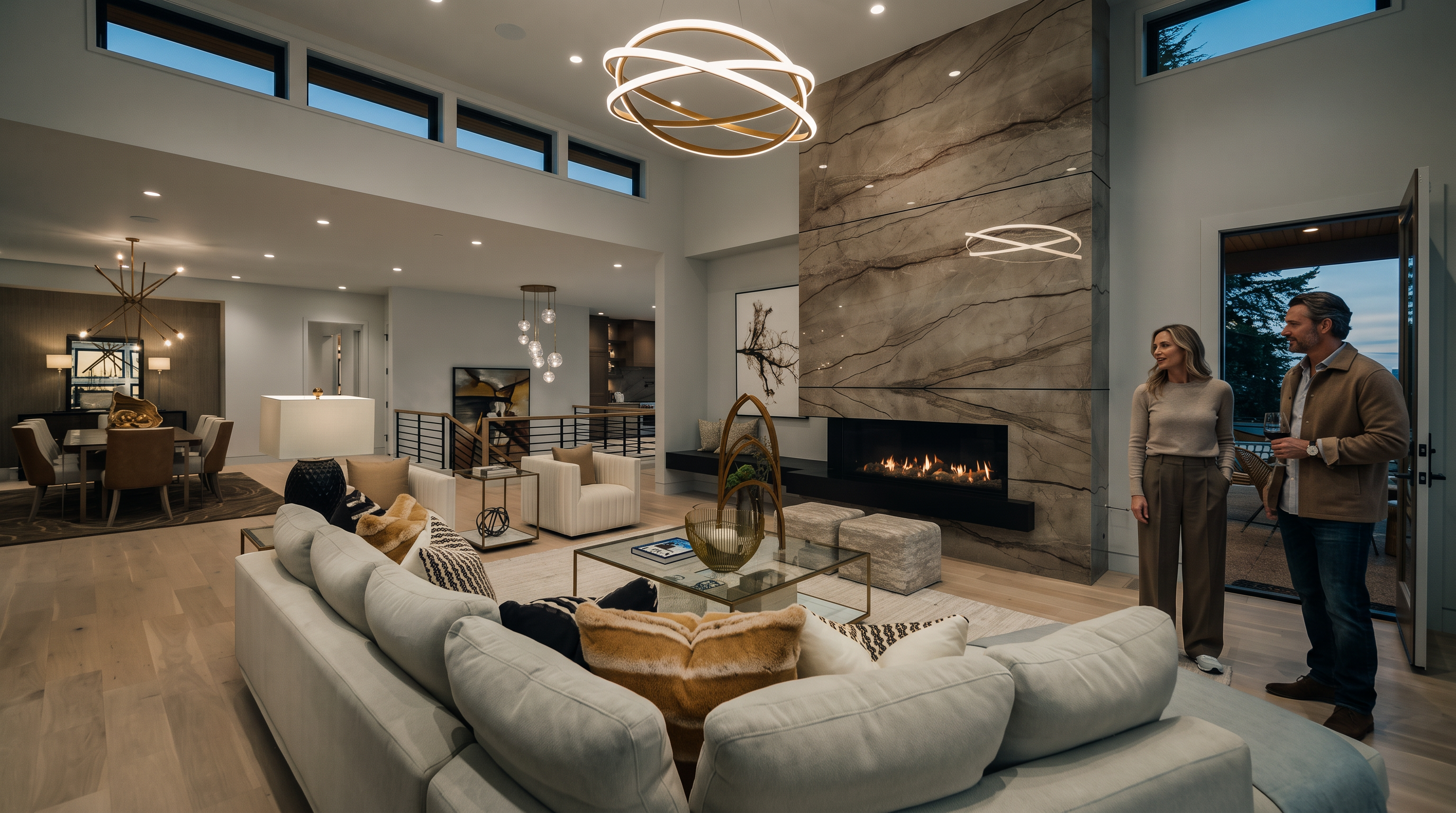 This expansive, open-concept living area features a high ceiling with a prominent circular chandelier and a large stone-clad chimney breast housing a linear fireplace. The space is furnished with a plush sectional sofa, a glass-topped coffee table, and light wood flooring, creating a bright and airy atmosphere. A dining area is visible in the background, and a series of high, horizontal windows allow natural light to flood the room.