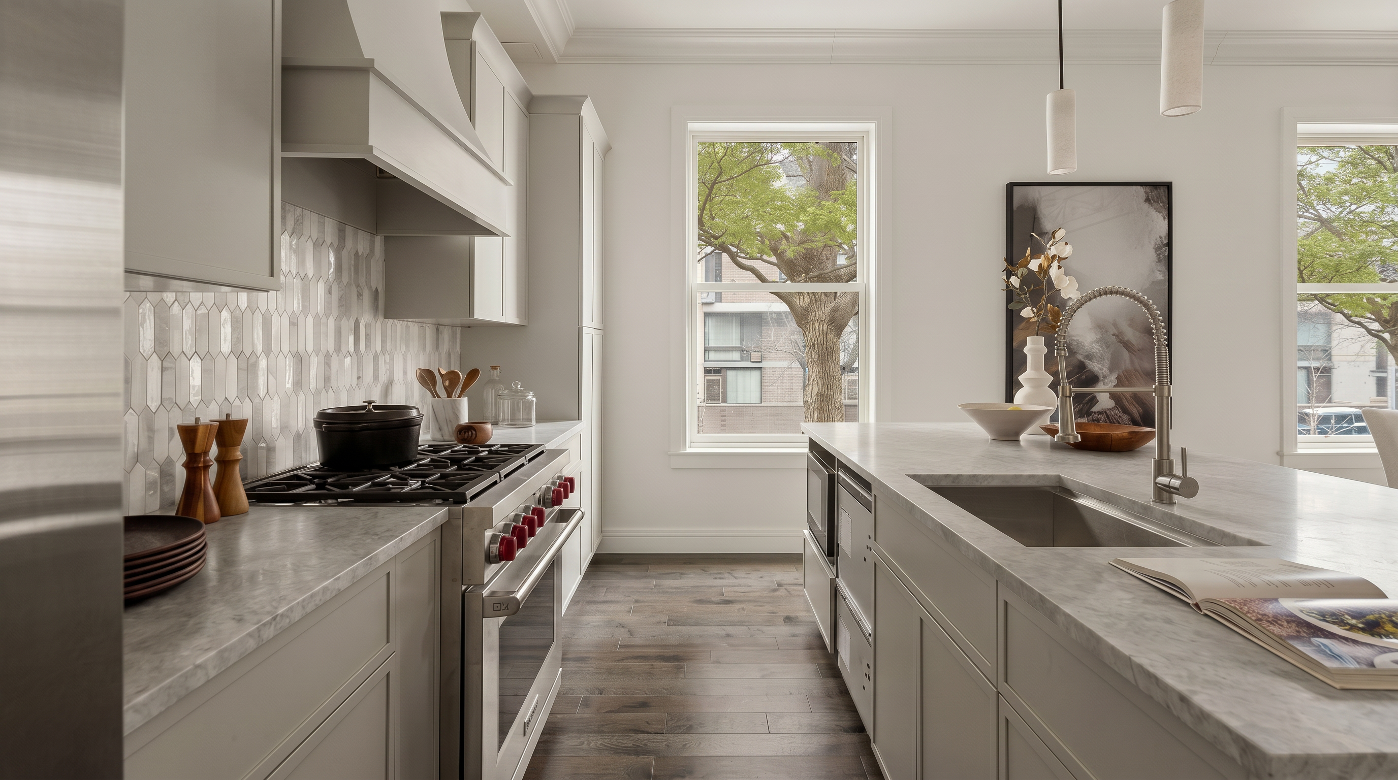 This sophisticated, modern kitchen features sleek light-gray cabinetry, a large central island with a marble countertop, and high-end stainless steel appliances. The space is illuminated by elegant pendant lighting and natural light streaming through a window that overlooks a lush, tree-lined view. The warm wood flooring and textured backsplash add depth and character to this clean, contemporary culinary space.