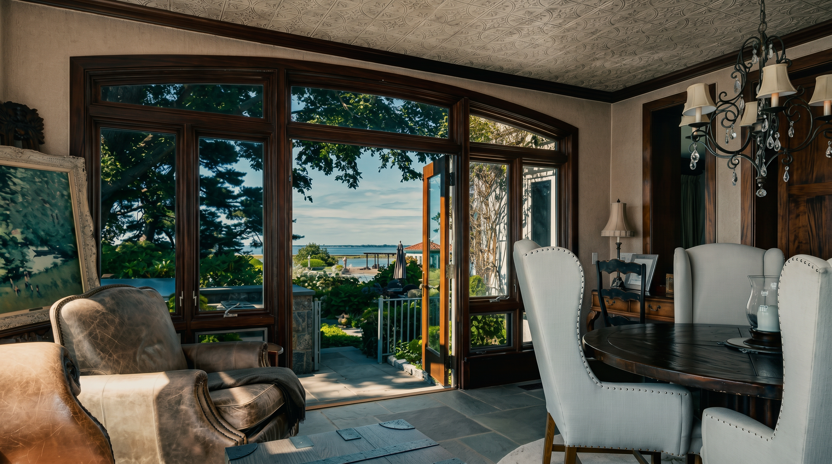 This elegant dining room features a circular wooden table surrounded by white upholstered wingback chairs, set against a backdrop of large, arched windows that frame a scenic waterfront view. The space is characterized by a textured, patterned ceiling and stone flooring, creating a sophisticated atmosphere that seamlessly blends indoor comfort with the natural beauty of the outdoors. A leather armchair sits in the foreground, adding a cozy touch to this bright and airy living space.