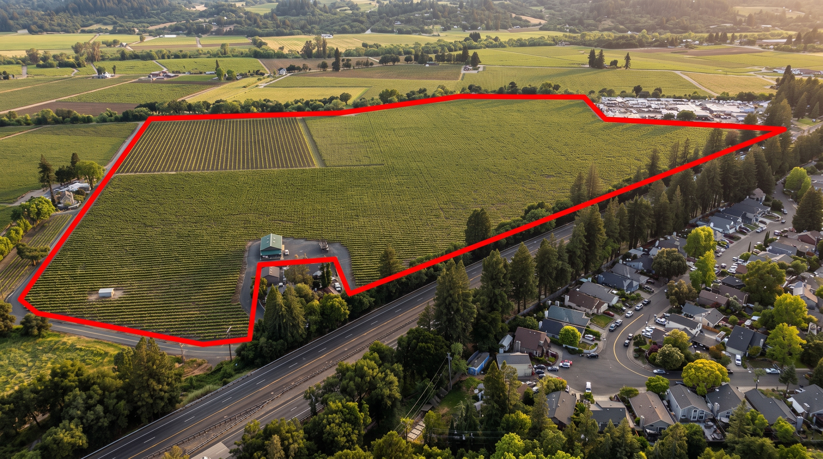 This high-angle aerial view captures a sprawling vineyard property outlined in red, showcasing extensive rows of grapevines and a small cluster of outbuildings. The property is situated adjacent to a major road and a residential neighborhood, offering a blend of agricultural space and suburban proximity. The perspective provides a comprehensive look at the land's scale, topography, and its strategic location within the surrounding landscape.