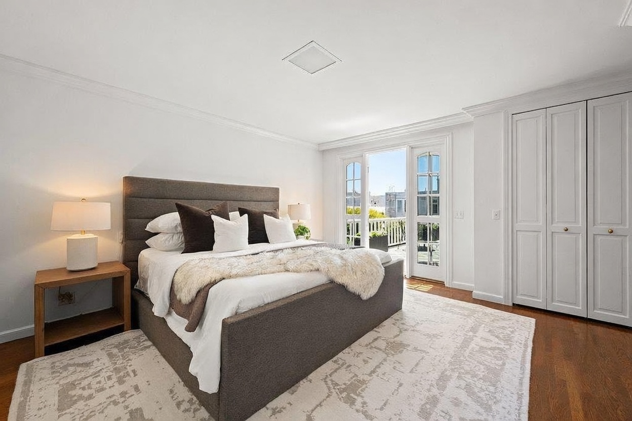 This bright and airy primary bedroom features a large upholstered bed frame with a textured gray headboard, dressed in crisp white linens and a plush faux-fur throw. The room is anchored by a large, neutral-toned patterned area rug over dark wood flooring and includes a matching wooden nightstand with a modern table lamp. A set of glass-paned French doors opens onto a private balcony, allowing ample natural light to fill the space, while a wall of white paneled closet doors provides ample storage.