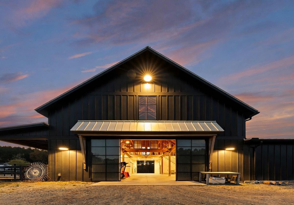 This striking modern barn-style structure is captured at dusk, featuring dark vertical siding and a prominent metal roof. The wide, open bay doors reveal a well-lit interior space with a lofted area, while warm exterior lighting highlights the building's clean lines and architectural symmetry. The scene is set against a vibrant, colorful sunset sky, creating an inviting and sophisticated atmosphere.
